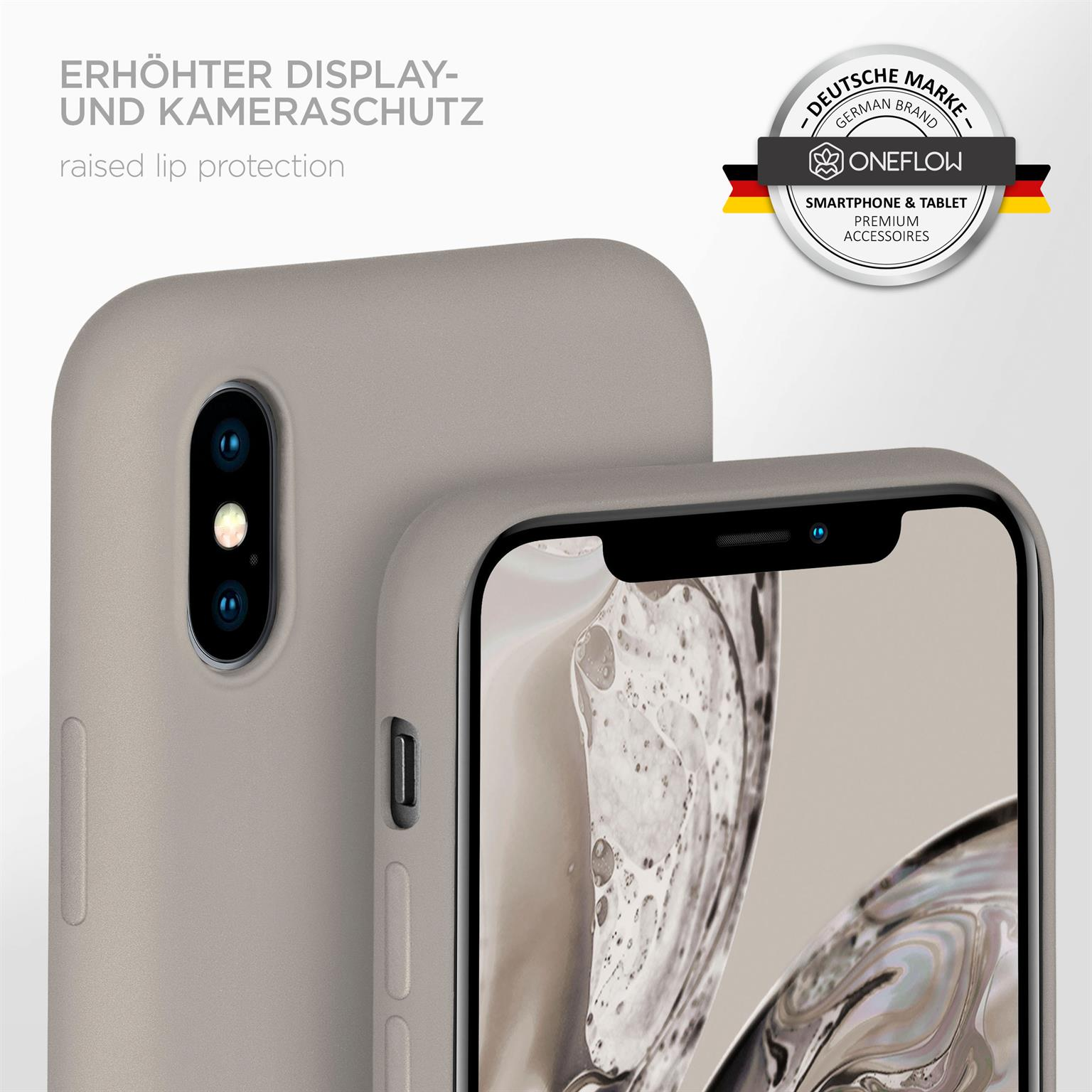 Handyhülle mit erhöhten Kanten, zwei Telefone im Hintergrund. Graue Hülle.