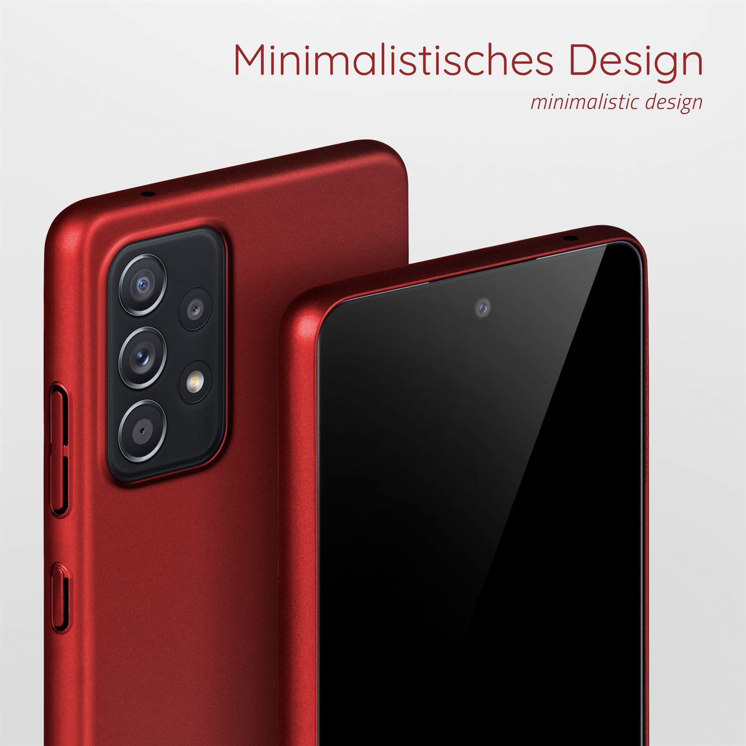 Ein Telefon mit roter Hülle, die Rückseite und Kamera zeigt, mit dem Wort Minimalistisches Design.