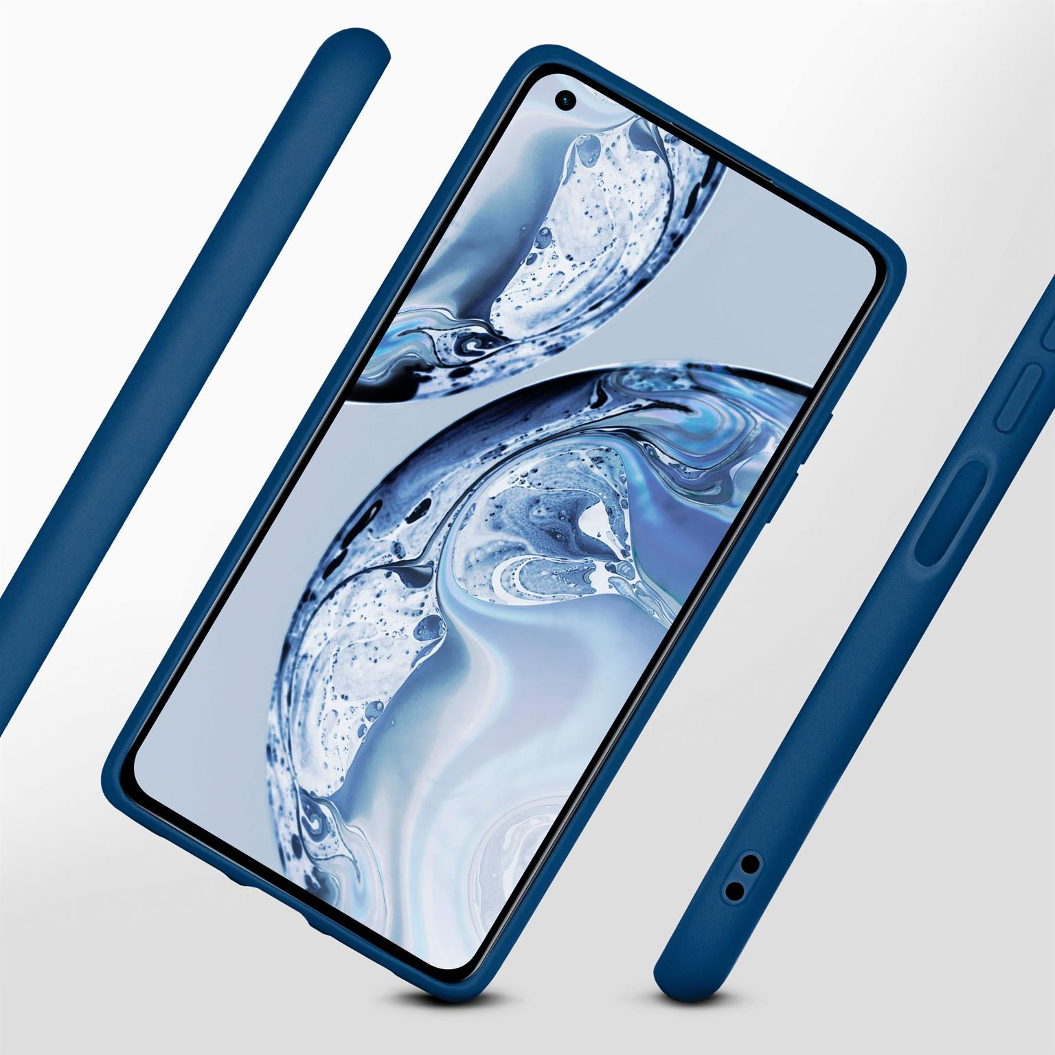 Eine blaue Handyhülle wird mit einem Smartphone im Inneren gezeigt, mit Details auf der Hülle.