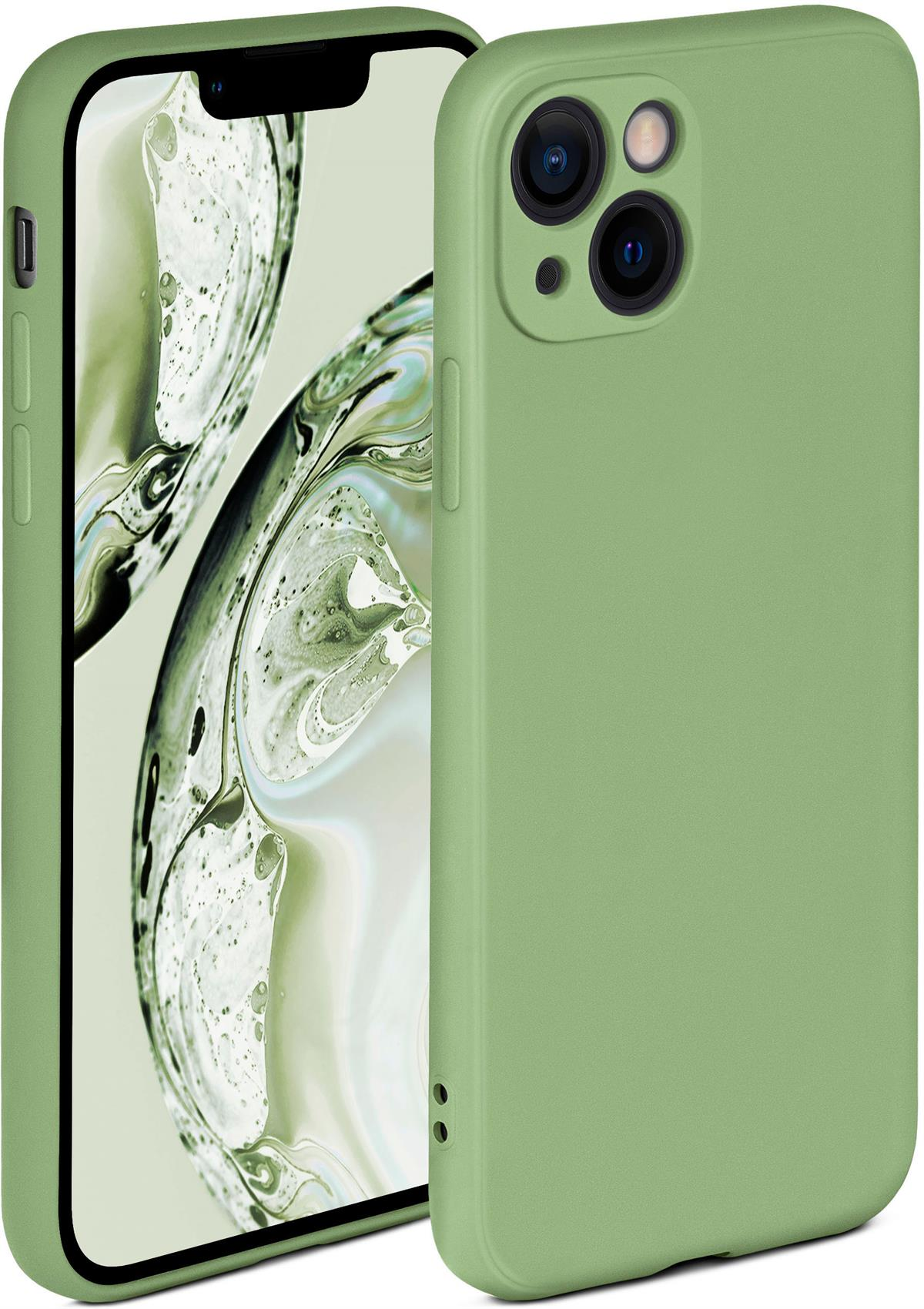 Grünes Telefon mit grüner Hülle. Die Hülle bedeckt Rückseite und Seiten. Weißer Hintergrund.