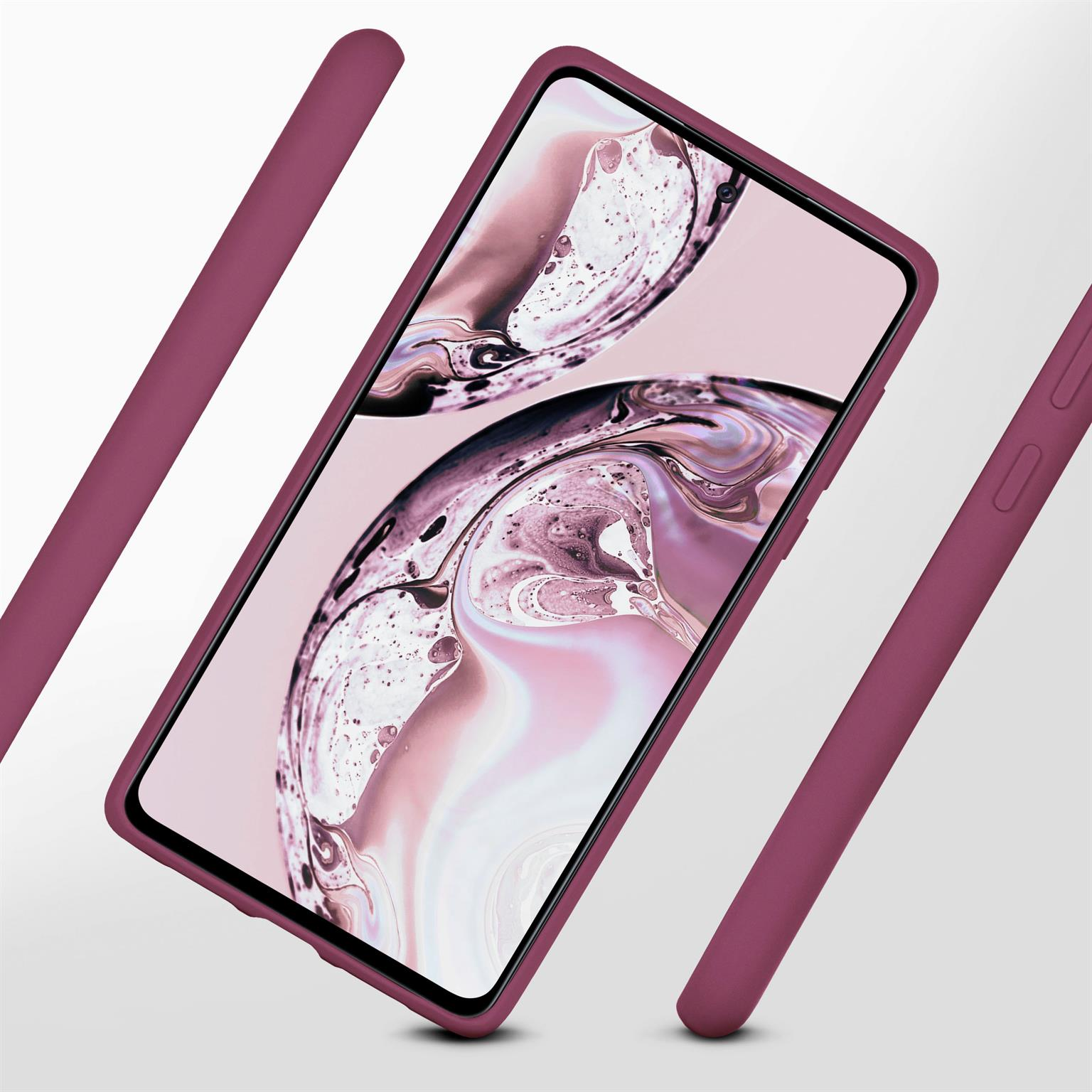 Telefon in einer weinroten Hülle, umgeben von weinroten Balken, auf hellem Hintergrund.