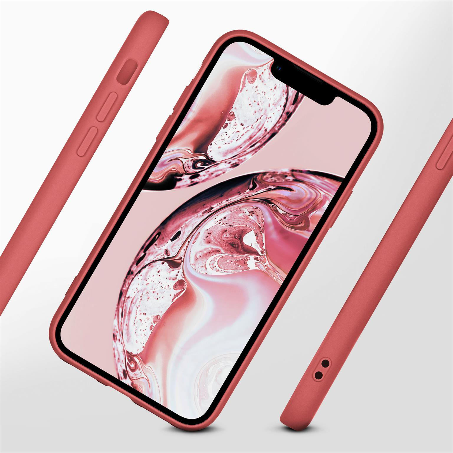 Rote Handyhülle und Telefon. Das Telefon zeigt ein farbenfrohes Bild. Drei Gehäuseteile werden gezeigt.