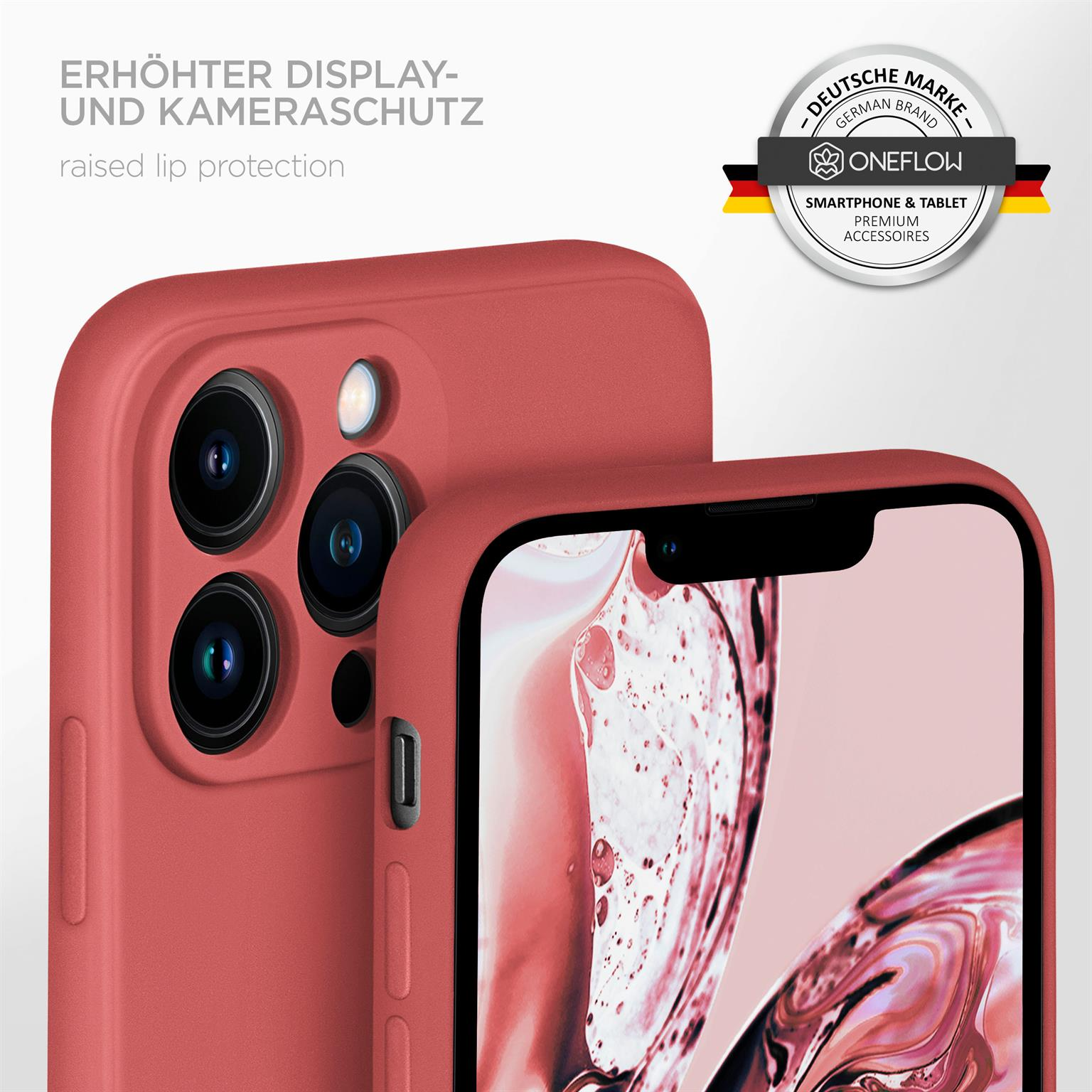 Eine rote Handyhülle mit einem Telefon darin. Die Hülle hat eine erhöhte Lippe. Ein Logo im Hintergrund.