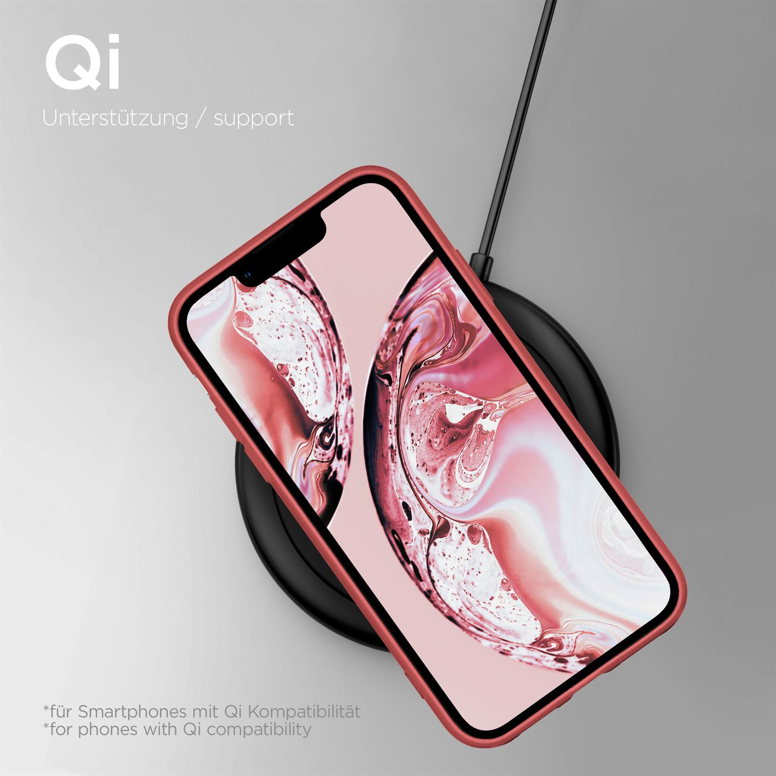Ein Telefon wird auf einem Qi-Wireless-Ladegerät aufgeladen. Das Telefon hat eine rosa Hülle. Text: 'Qi-Unterstützung'.