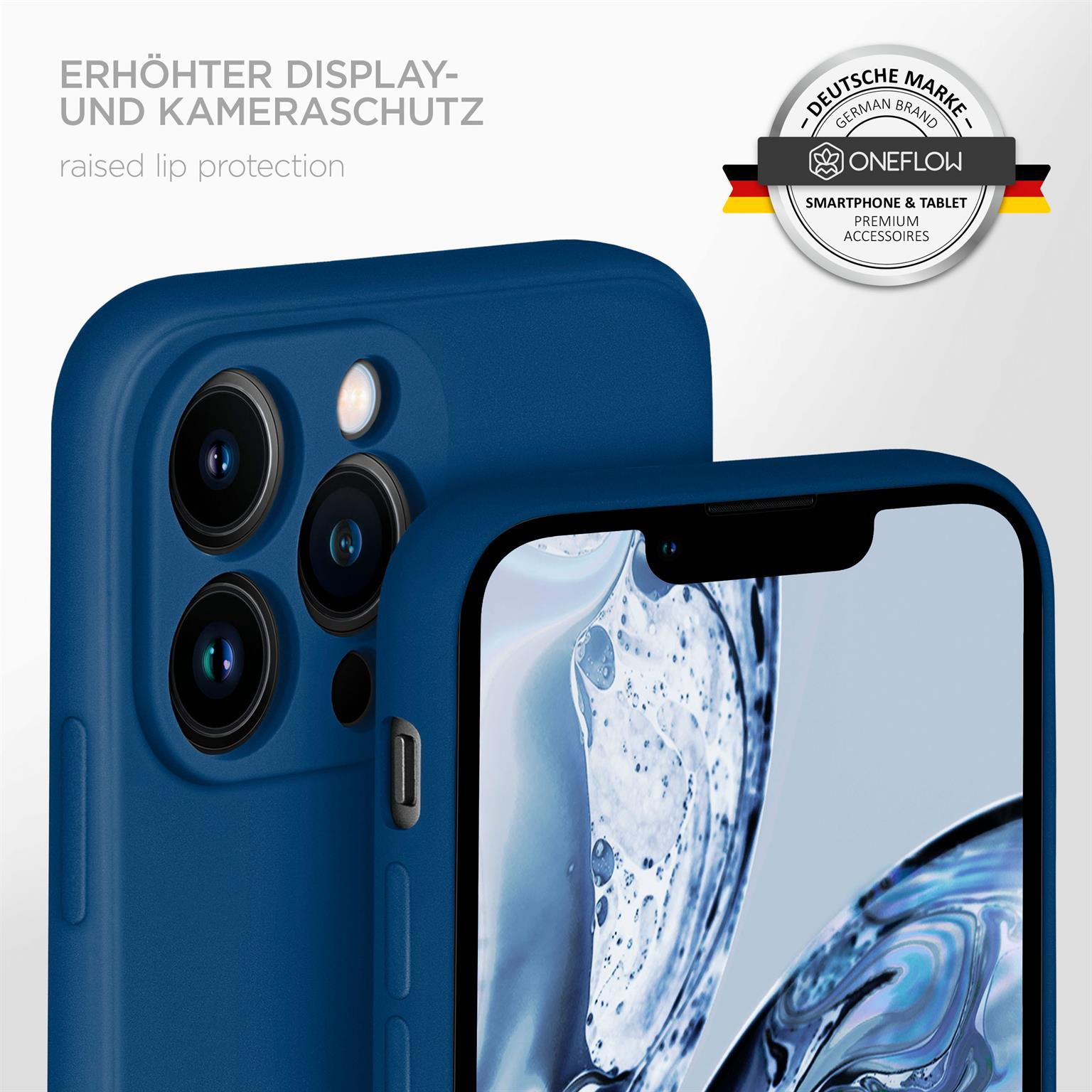 Blaue Handyhülle. Telefon teilweise sichtbar. Text: erhöhter Lippenschutz.