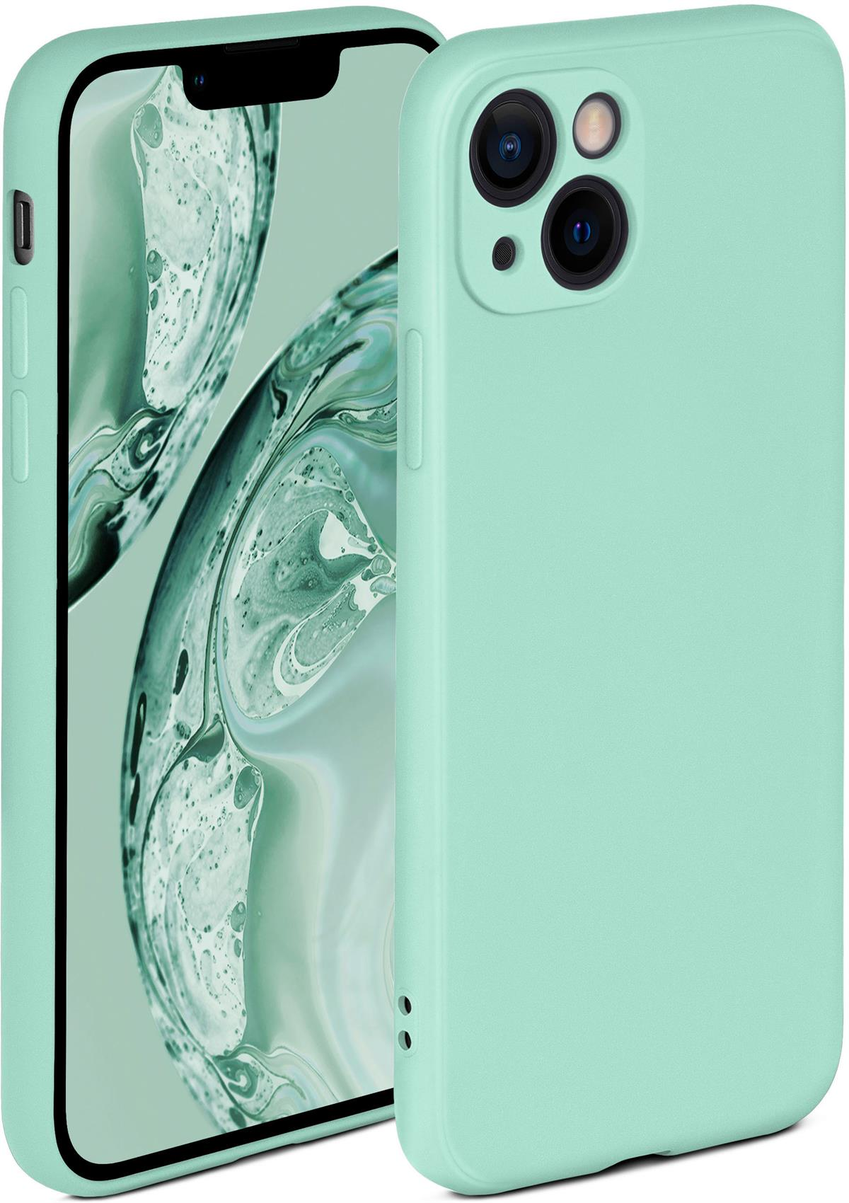 Zwei Telefone in mintgrünen Hüllen. Eines zeigt den Bildschirm, das andere die Kamera, auf mintgrünem Hintergrund.