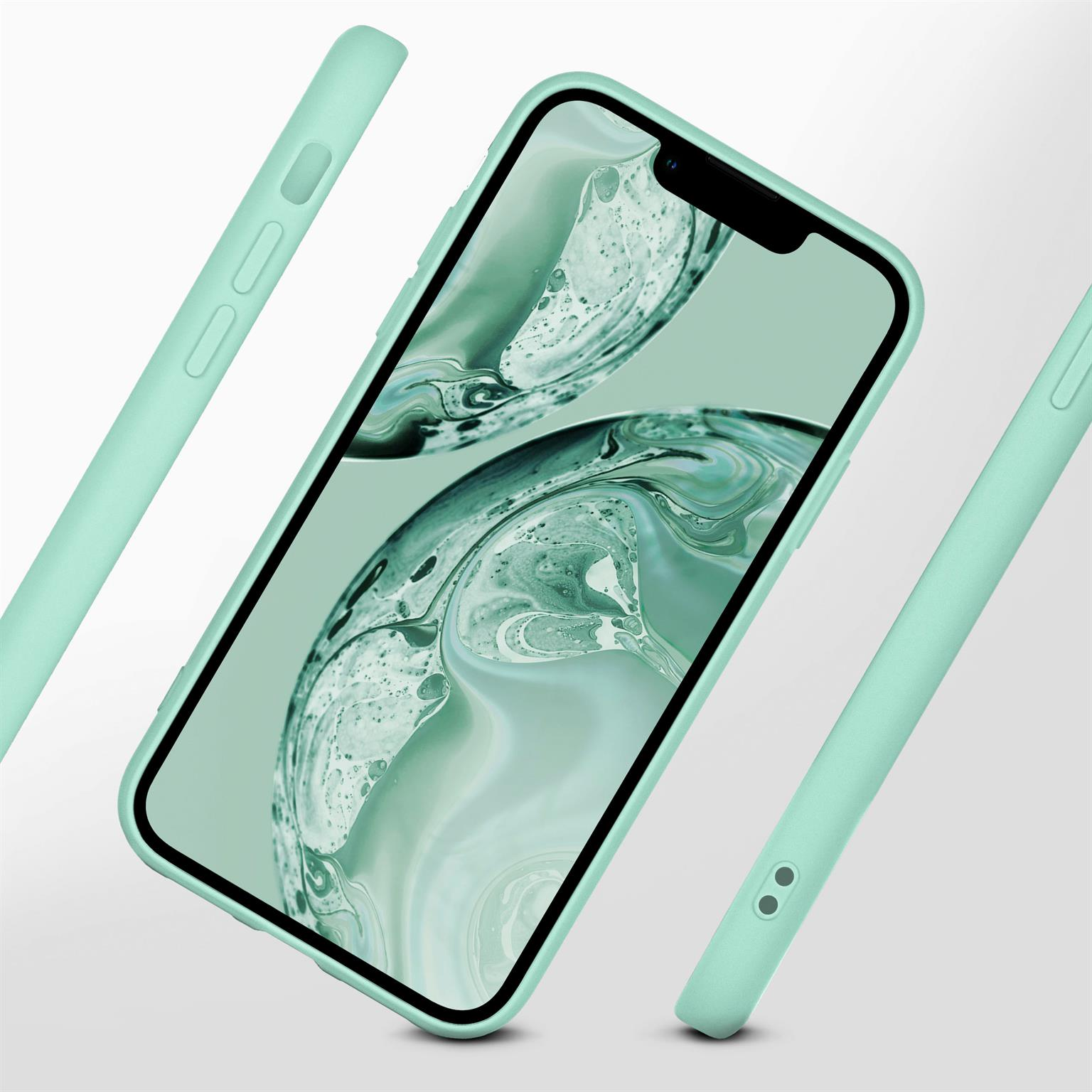 Mintgrüne Handyhülle und Telefon. Telefon zeigt Landschaft. Hülle umgibt Telefon.