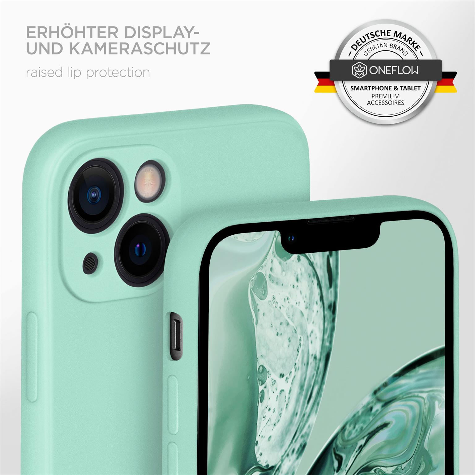 Minzgrüne Handyhülle mit erhöhtem Lippenschutz. Ein Telefon ist innen. Oneflow Logo sichtbar.
