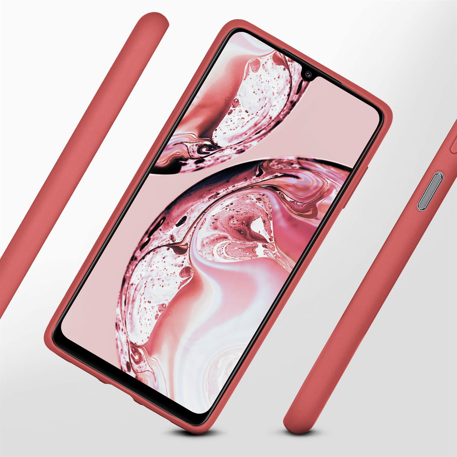 Ein Telefon in einer roten Hülle, angewinkelt. Der Bildschirm des Telefons ist sichtbar, mit einem rosa Hintergrund.