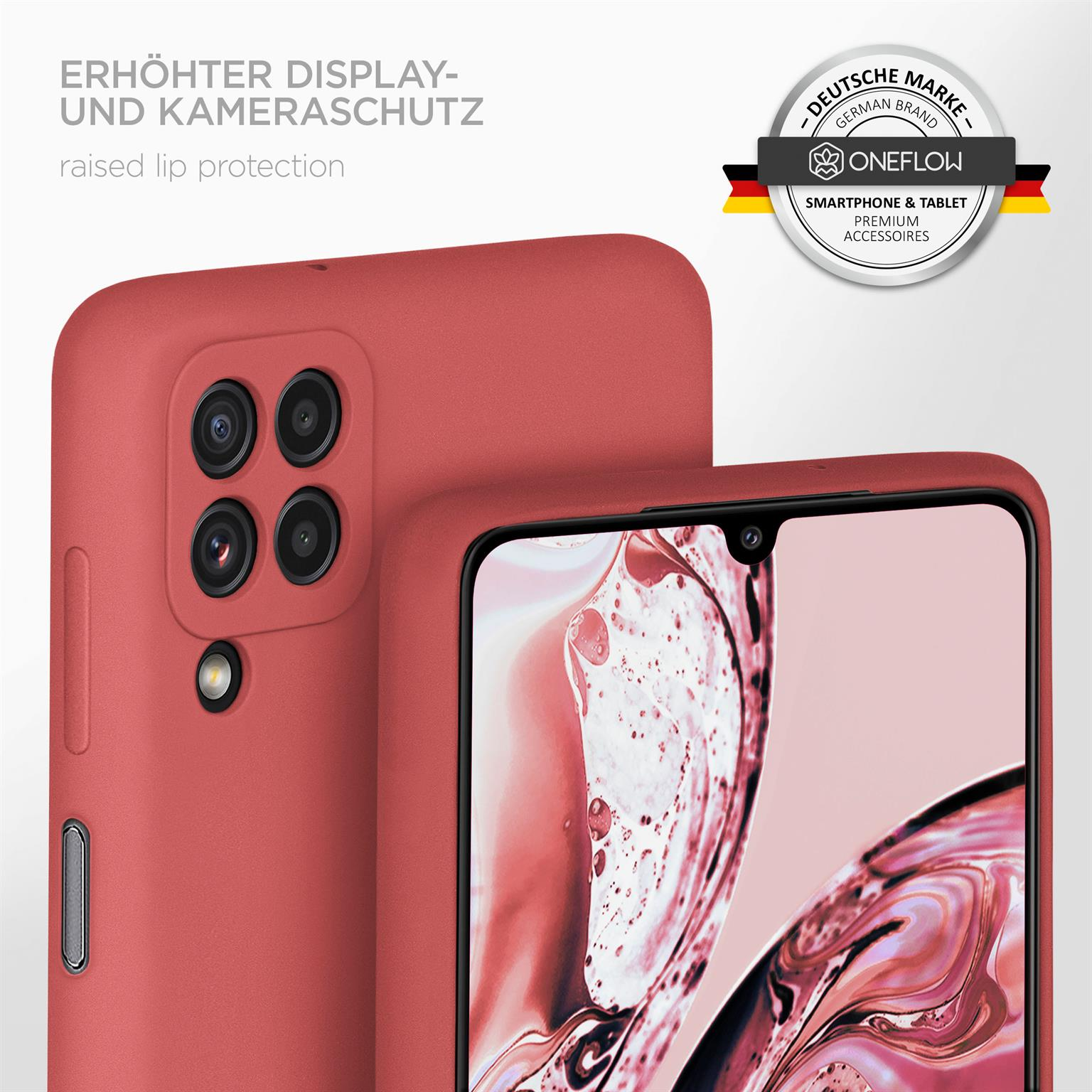 Eine rote Handyhülle mit Telefon. Ein Logo befindet sich in der oberen rechten Ecke.