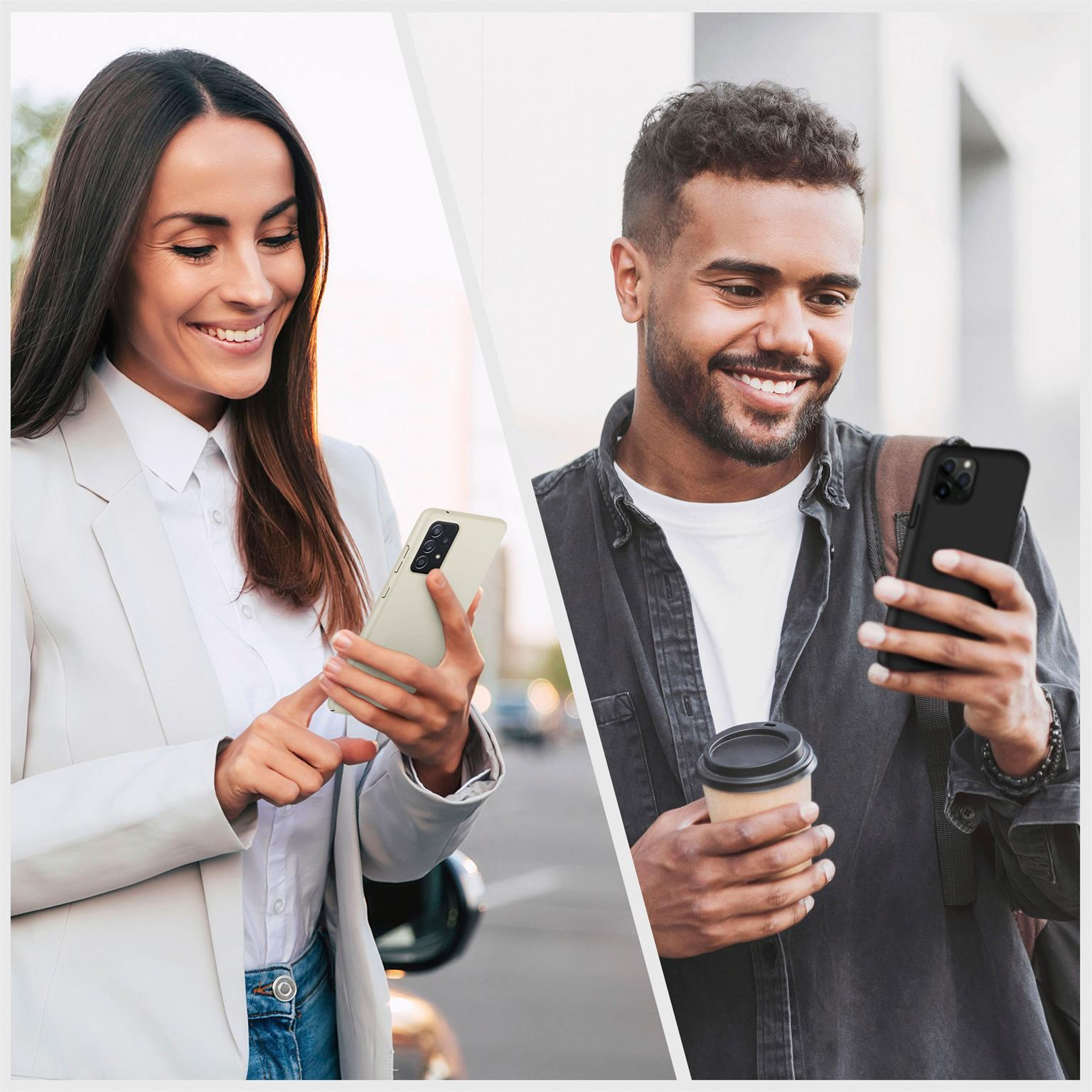 Zwei Personen benutzen Telefone, eine lächelt. Ein Mann und eine Frau sind im Bild.