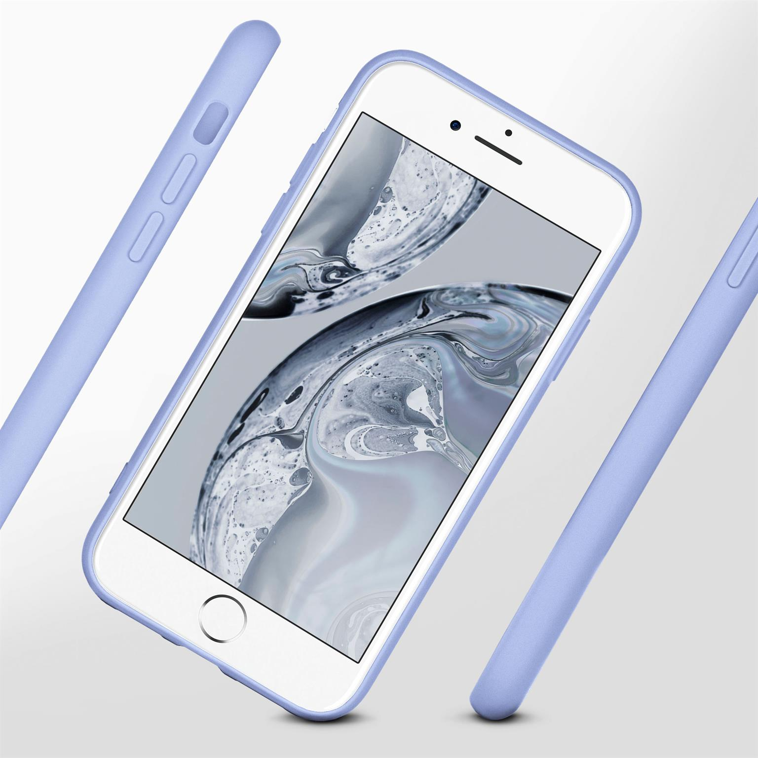 Telefon in blauer Hülle mit Handy-Teilen drumherum, vor weißem Hintergrund.