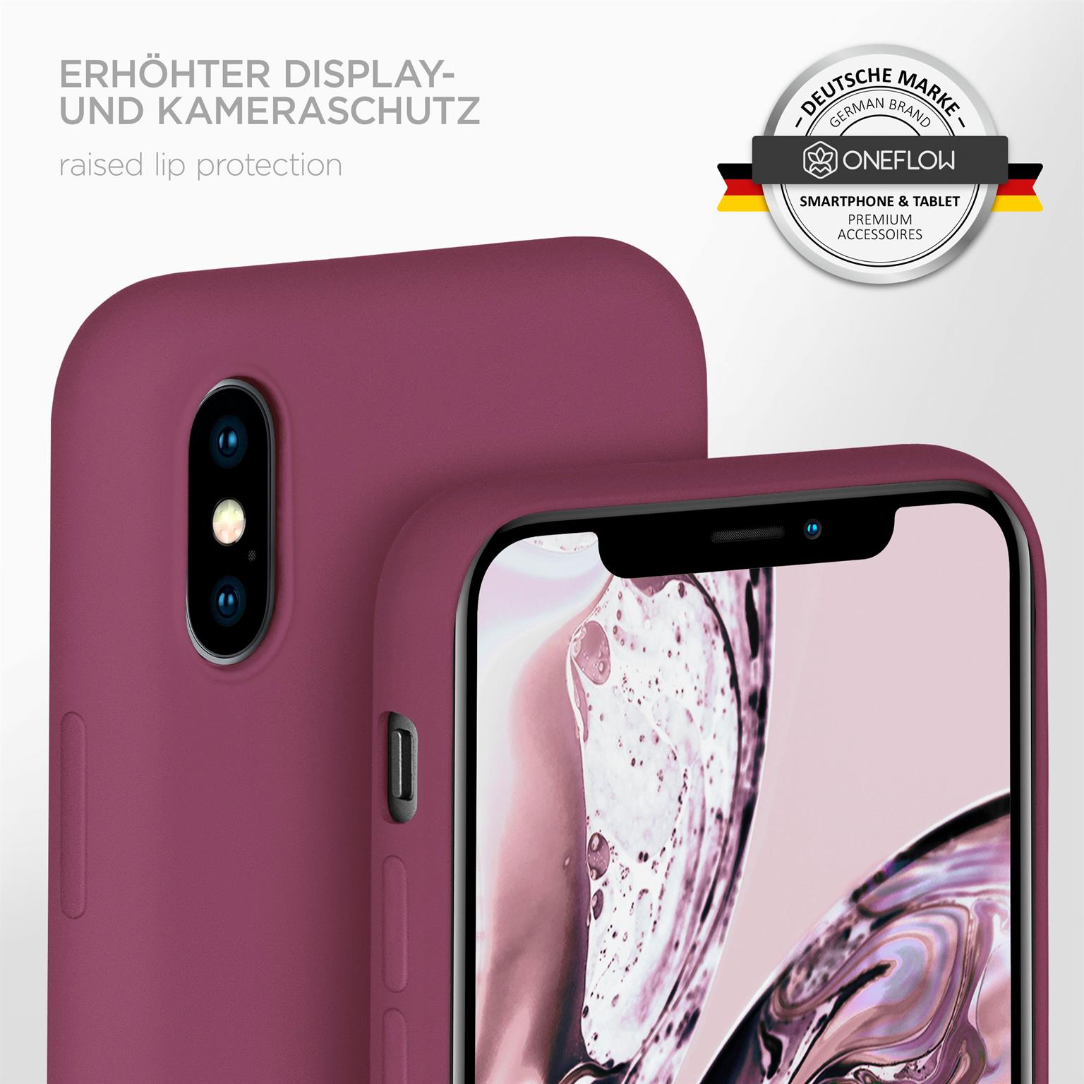 Ein Telefon in einer lila Hülle. Das Bild zeigt eine Nahaufnahme des Telefons und der Hülle.