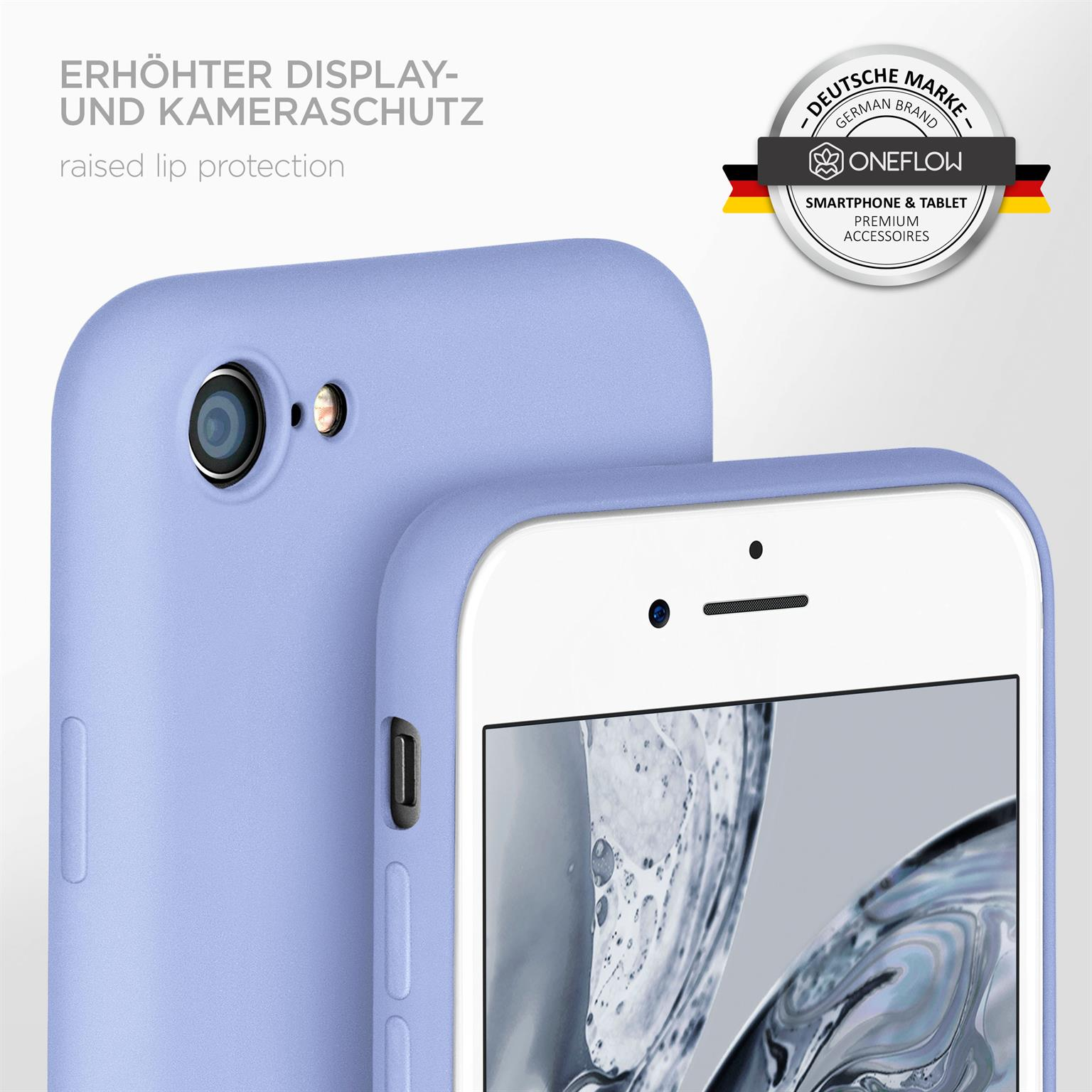 Eine hellblaue Handyhülle schützt ein weißes Telefon. Die Hülle hat eine erhöhte Lippe für Display und Kamera.