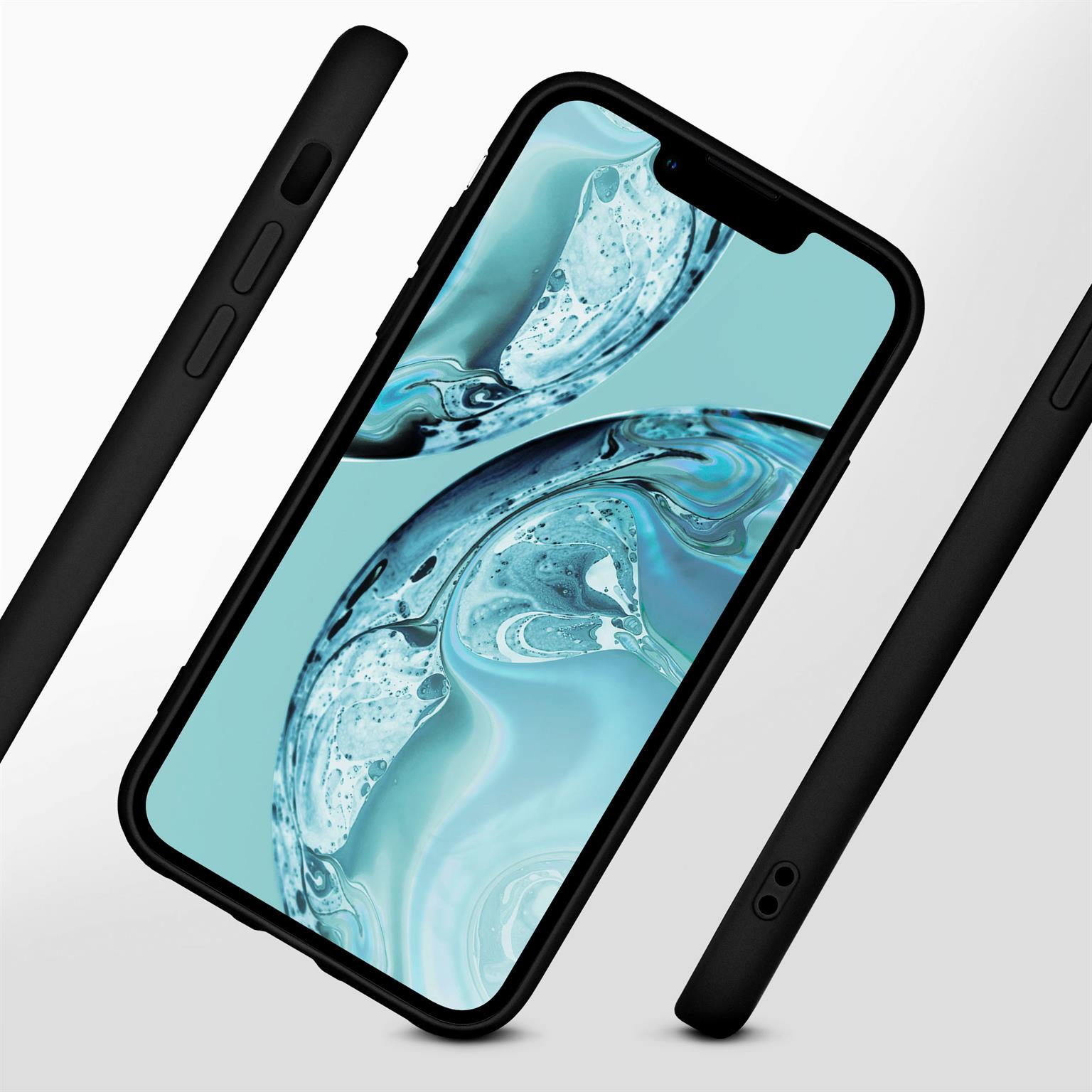 Drei schwarze Handyhüllen werden gezeigt, eine mit einem Telefon darin, abgewinkelt und isoliert auf Weiß.