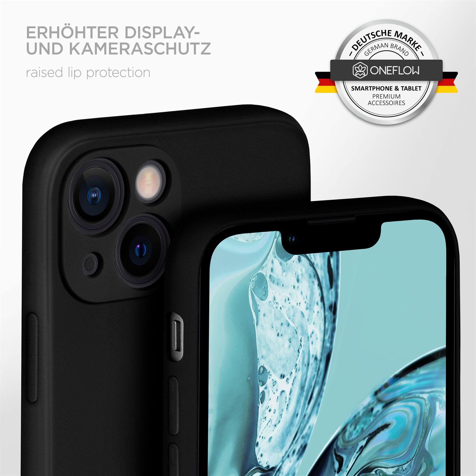Schwarze Handyhülle mit Telefon. Text: 'ERHÖHTER DISPLAY- UND KAMERASCHUTZ'. Markenlogo in Ecke.