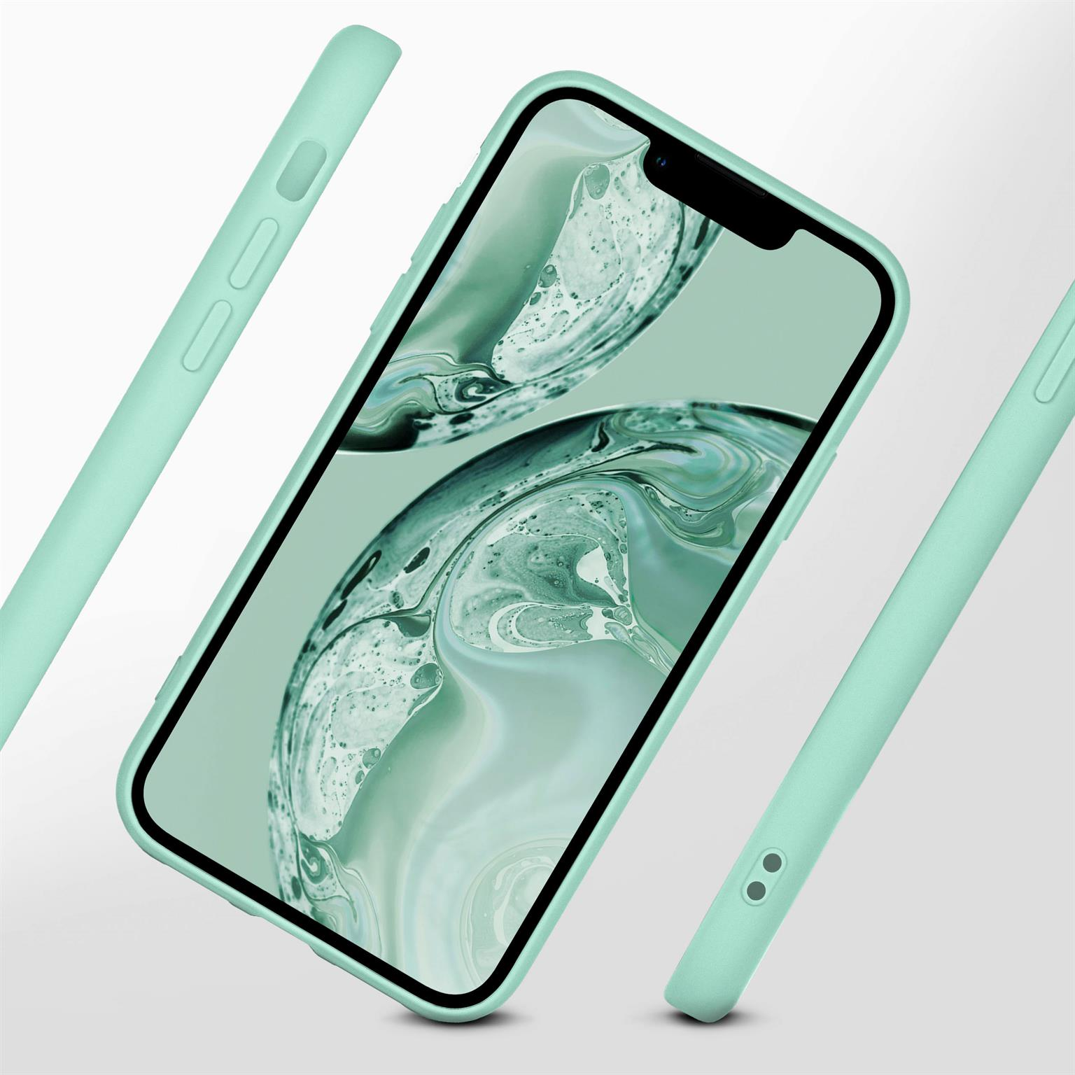 Minzgrüne Handyhülle mit Telefon, plus zwei zusätzliche Gehäuseteile, auf hellem Hintergrund.
