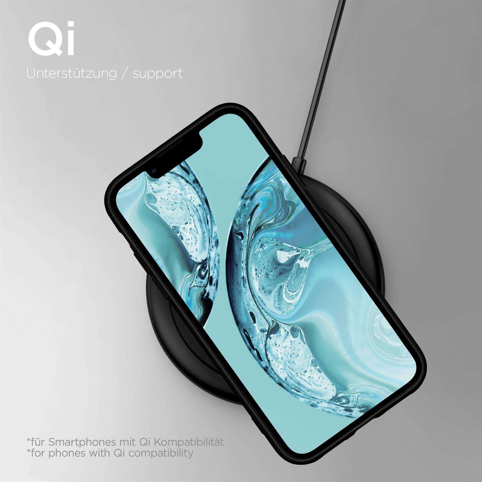 Ein Telefon, das auf einem schwarzen kabellosen Ladegerät geladen wird. Das Telefon hat eine Hülle.
