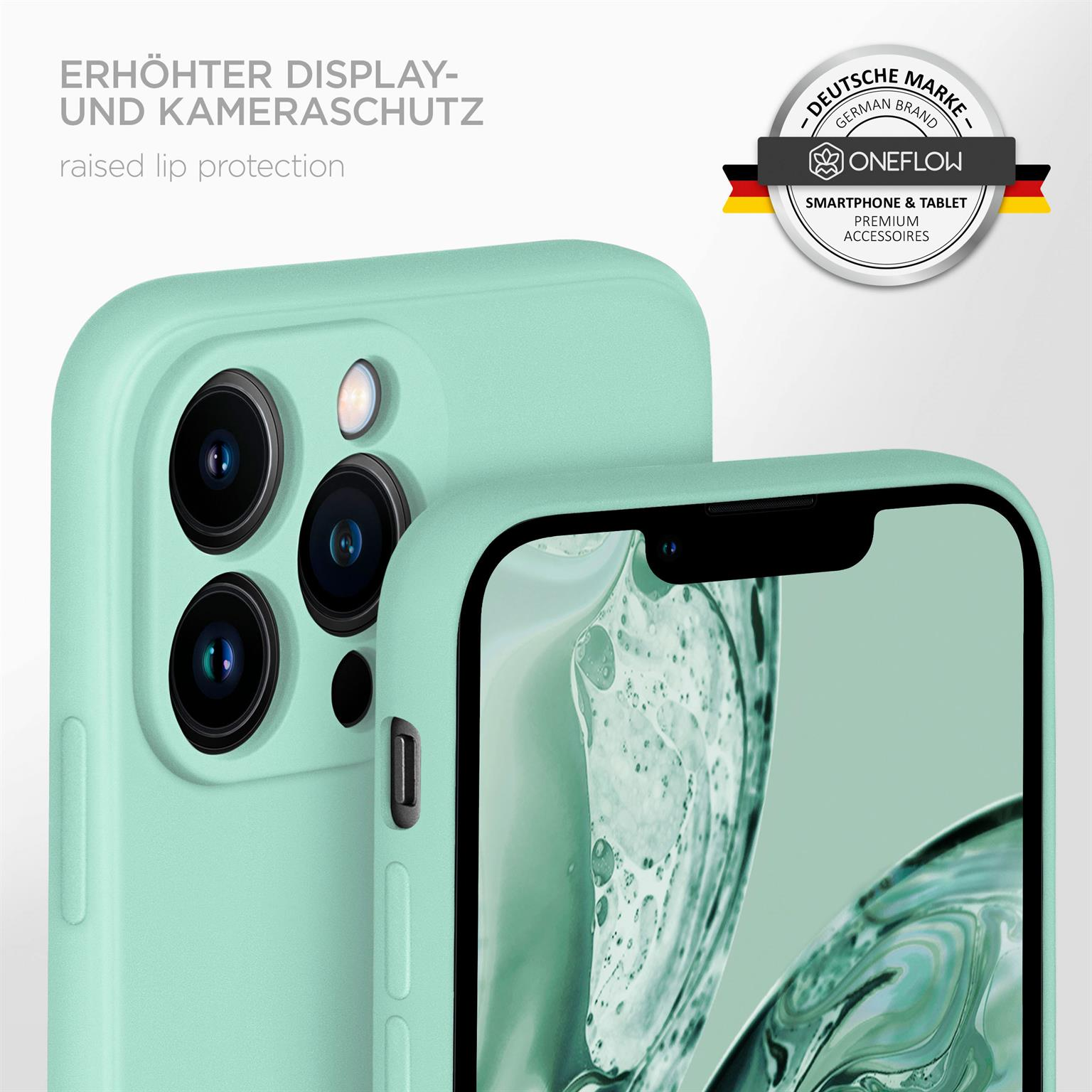 Mintgrüne Handyhülle mit erhöhtem Kamerarahmen und einem sichtbaren Telefon darin.