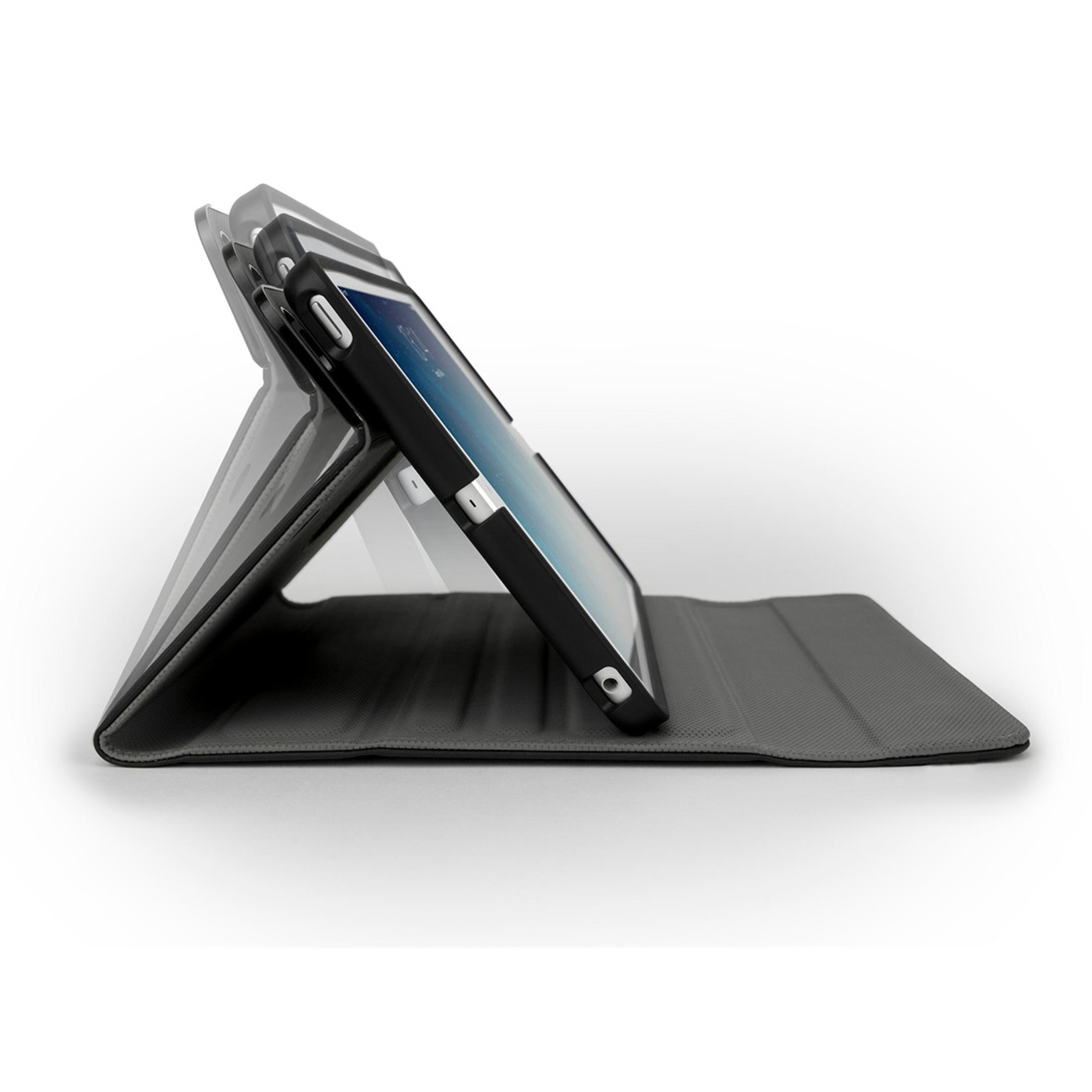 Ein Tablet in einer Hülle ist aufgestellt. Die Hülle hat eine graue Textur. Das Tablet ist weiß.
