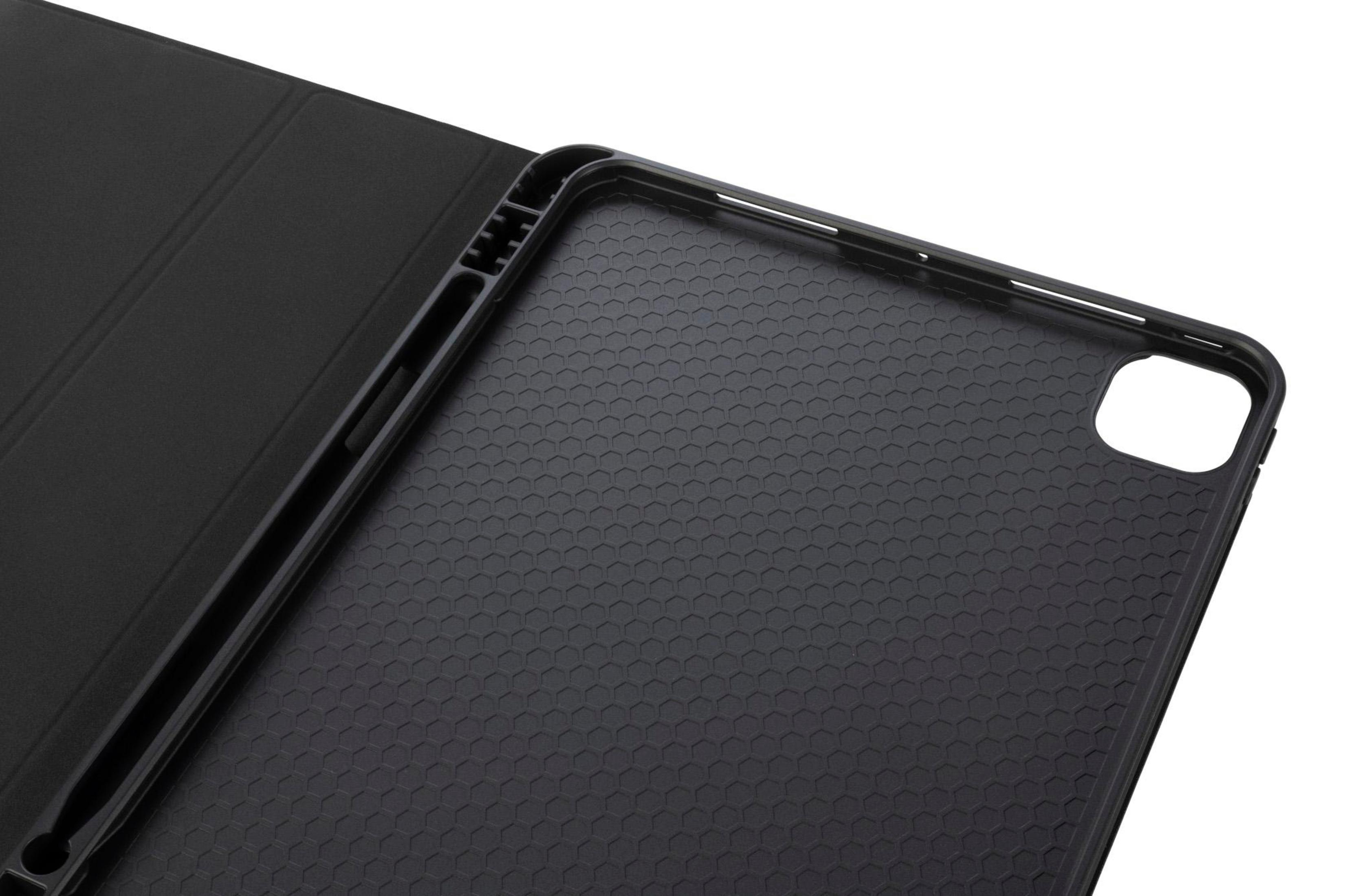 Custodia per tablet nera aperta, che rivela l'interno. Modello esagonale e cornice.
