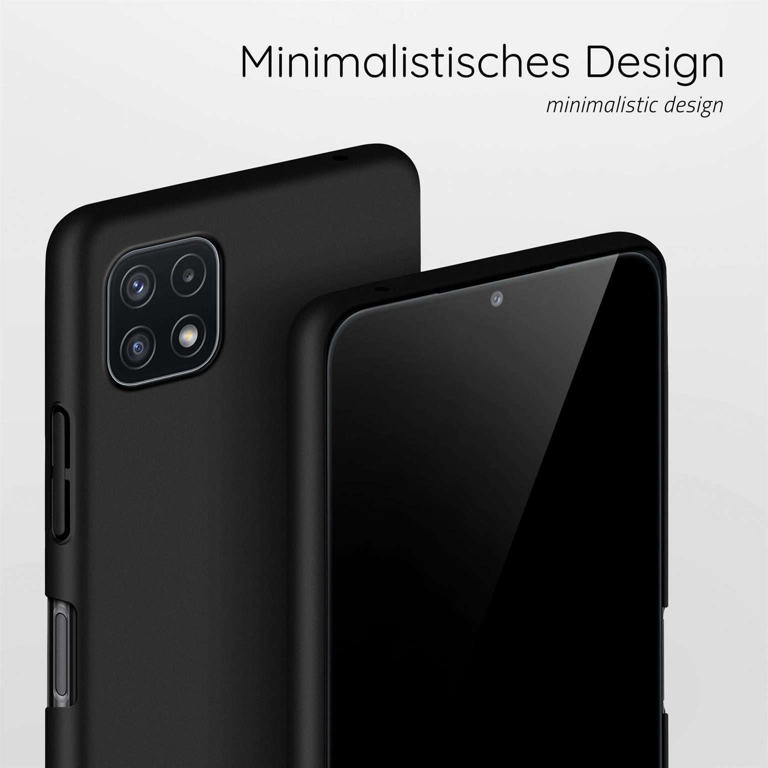 Schwarze Handyhülle mit Kameraausbuchtung. Der Bildschirm des Telefons ist sichtbar. Text: 'Minimalistisches Design'.