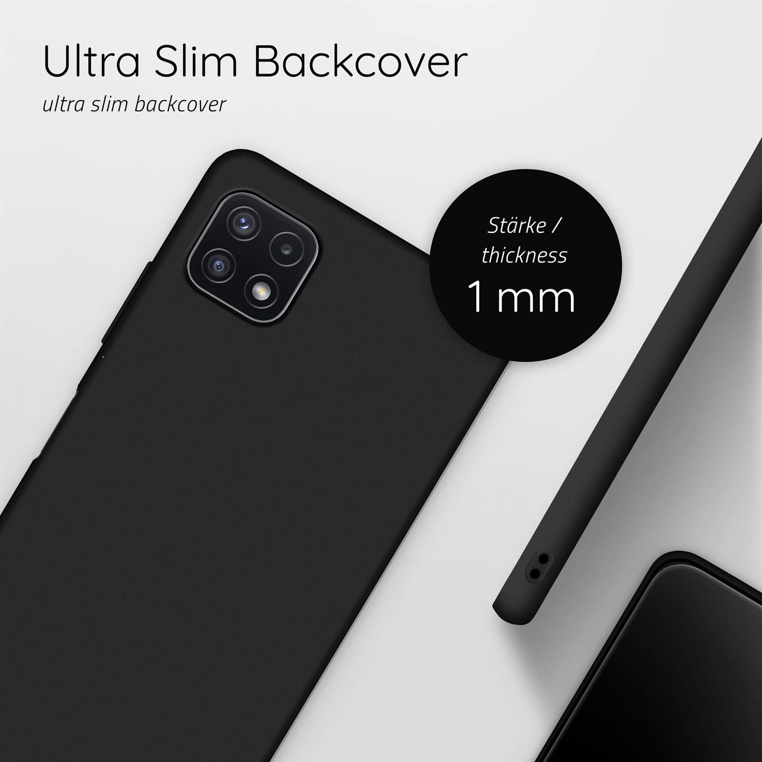 Eine schwarze Handyhülle. Text sagt ultradünne Rückseite und die Dicke beträgt 1 mm.
