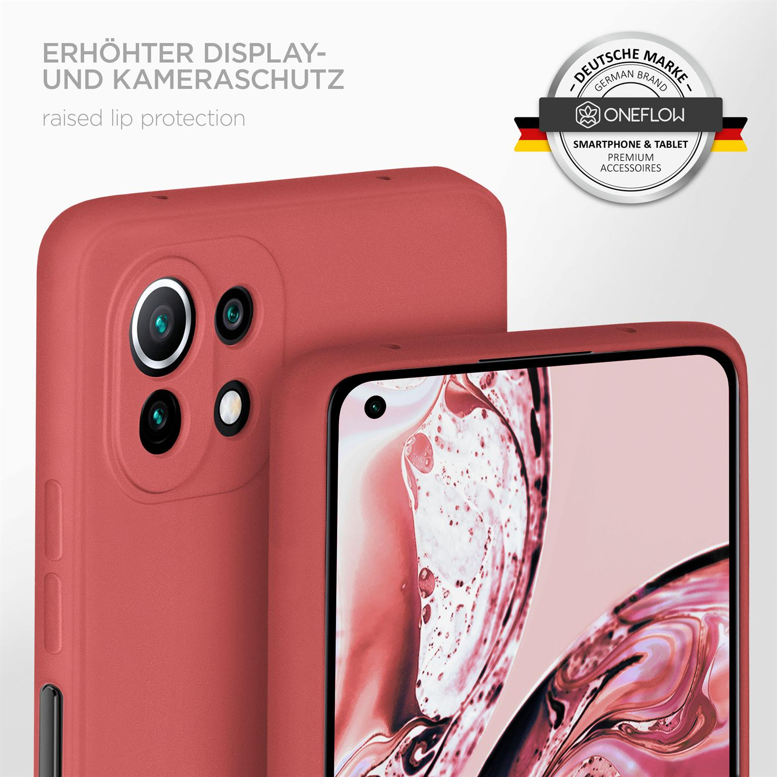 Eine rote Handyhülle mit einem Telefon.