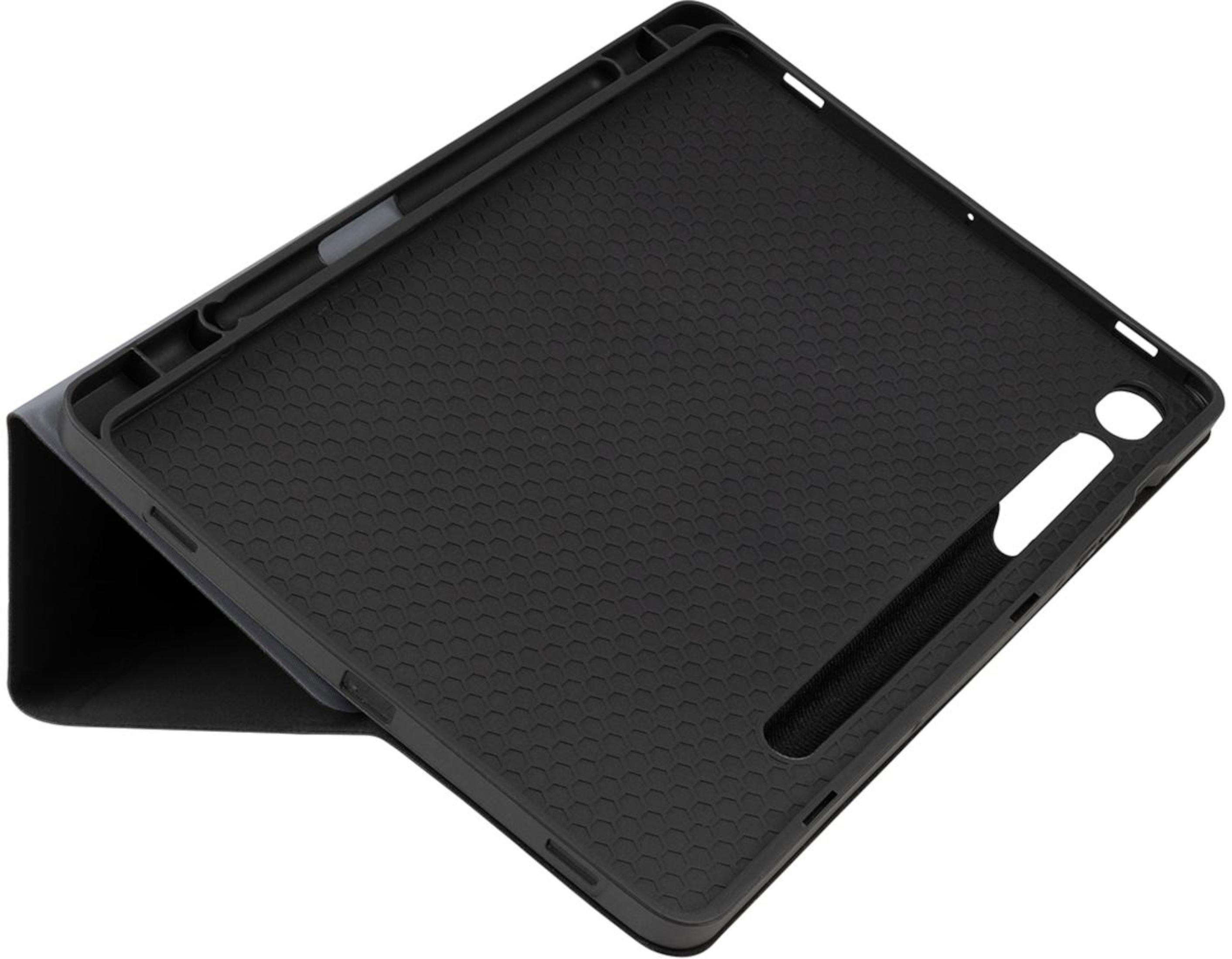 Funda negra para tableta con un interior con patrón de panal. La cubierta está abierta, revelando el interior.