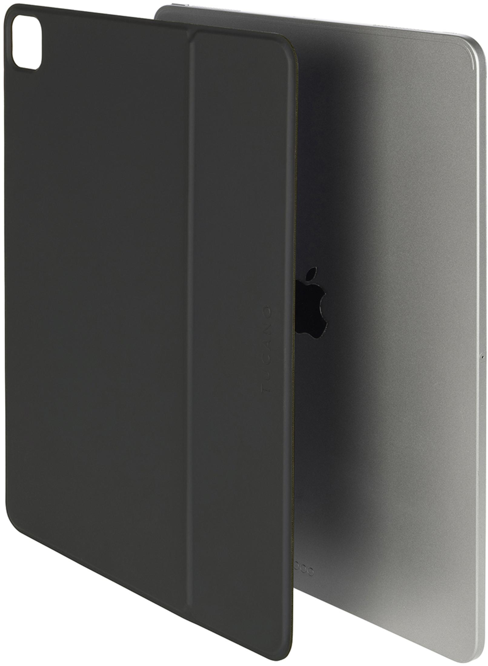 Schwarze Tablethülle, geöffnet, zeigt graues Tablet mit Apple-Logo auf der Rückseite.