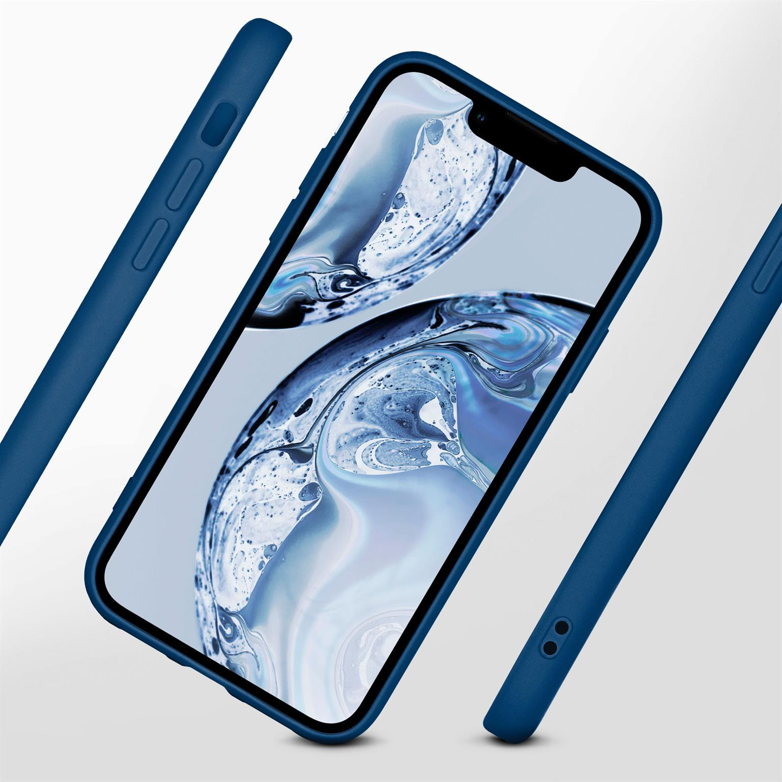 Blaue Handyhülle mit Telefon. Drei separate Gehäuseteile. Telefon zeigt ein wasserartiges Design.