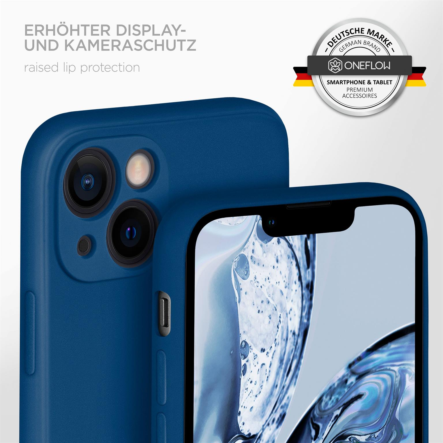 Nahaufnahme einer blauen Handyhülle mit Kameraausschnitten. Das Telefon hat einen Bildschirm mit Wasserbild.