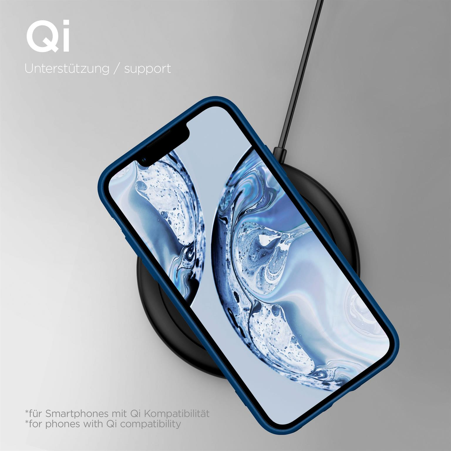 Smartphone in blauem Gehäuse auf kabellosem Ladegerät, Text über Qi-Unterstützung.