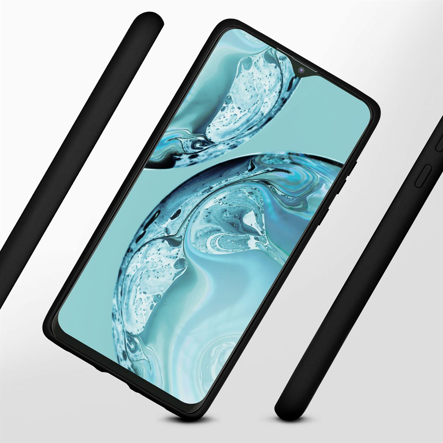 Schwarze Handyhülle mit Telefon darin. Schwarze Balken umgeben das Telefon.