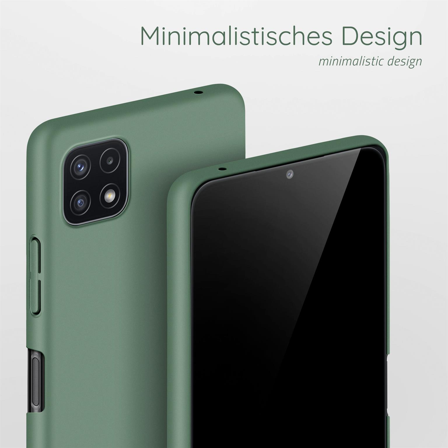 Zwei olivgrüne Handyhüllen. Eine zeigt ein Telefon. Text: 'Minimalistisches Design'.