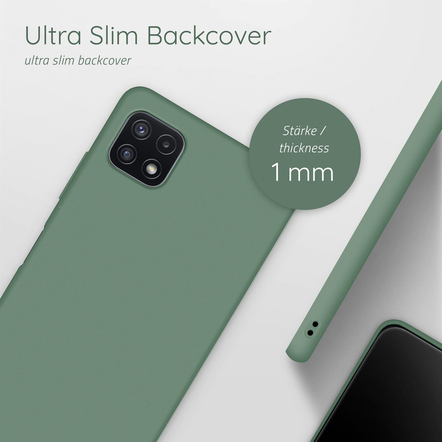 Grüne Handyhülle, 1 mm dick, mit grünem Telefon im Hintergrund.