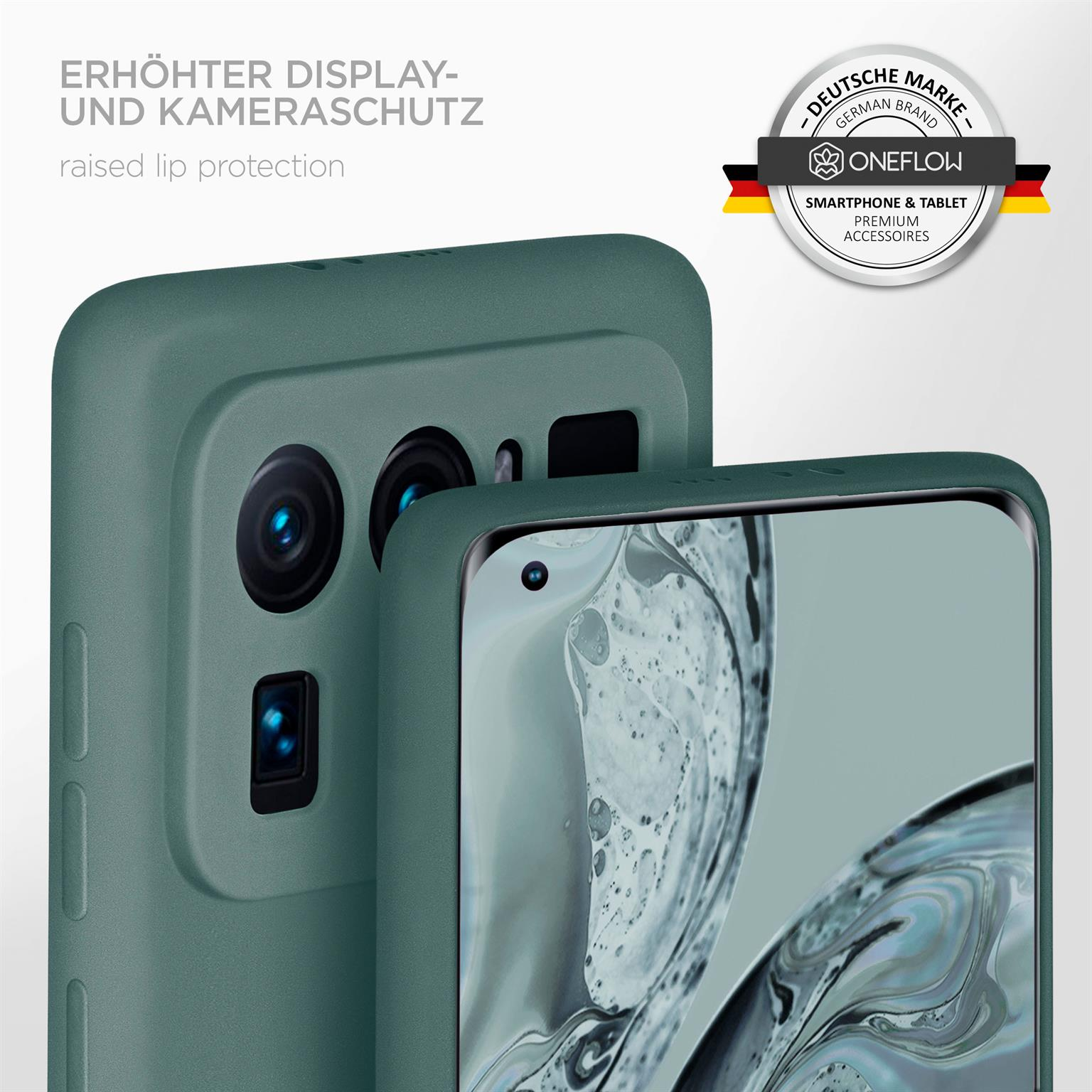 Grüne Handyhülle mit Kameraschutz. Telefonbildschirm zeigt ein grünes abstraktes Bild. Logo und Text rechts.
