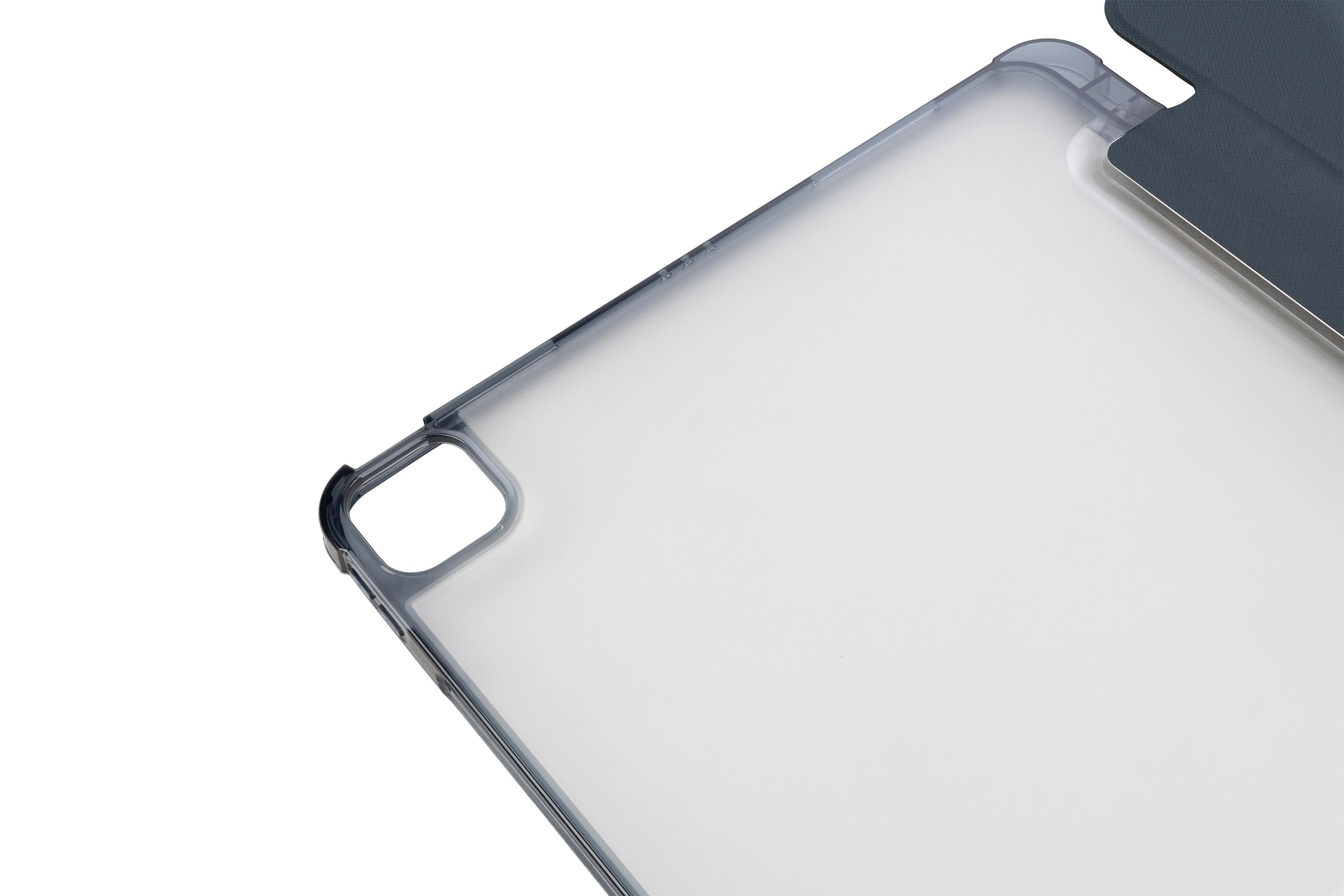 Funda transparente para una tableta, con parte de la tableta visible.