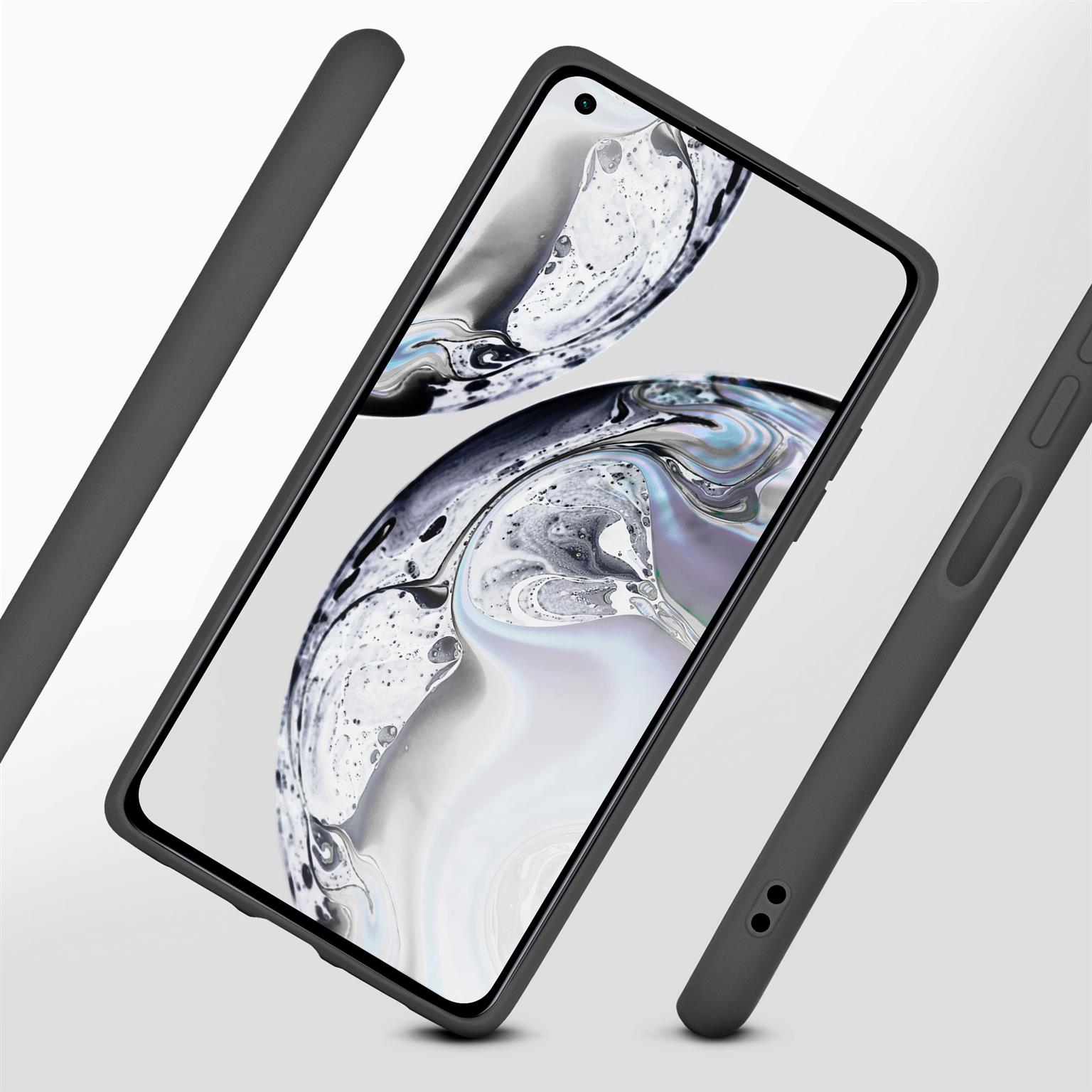 Dunkelgraue Handyhülle mit einem Telefon, das ein abstraktes Bild zeigt. Mehrere Gehäuseteile sind angeordnet.