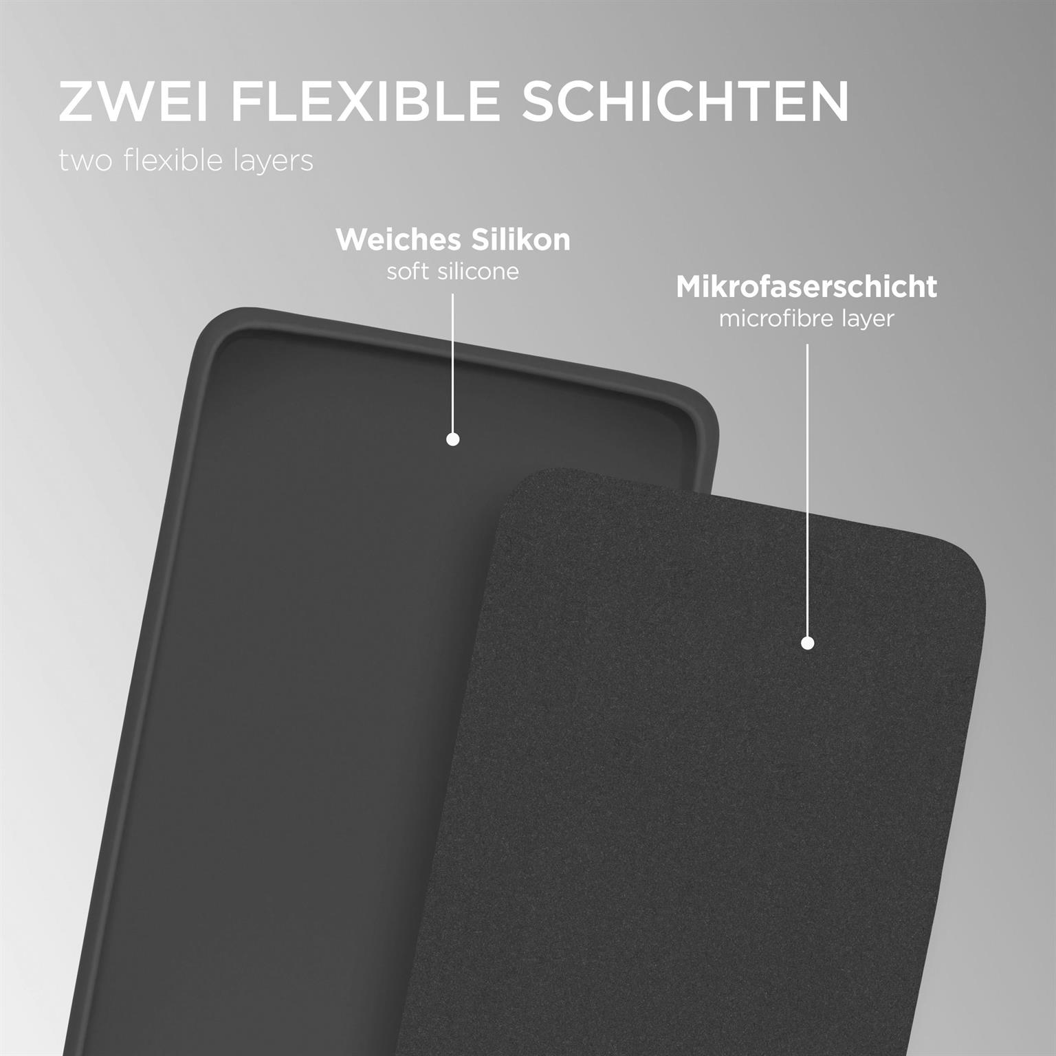 Zwei schwarze, geschichtete Oberflächen: weiches Silikon und eine Mikrofaser-Schicht. Text: 'zwei flexible Schichten'.