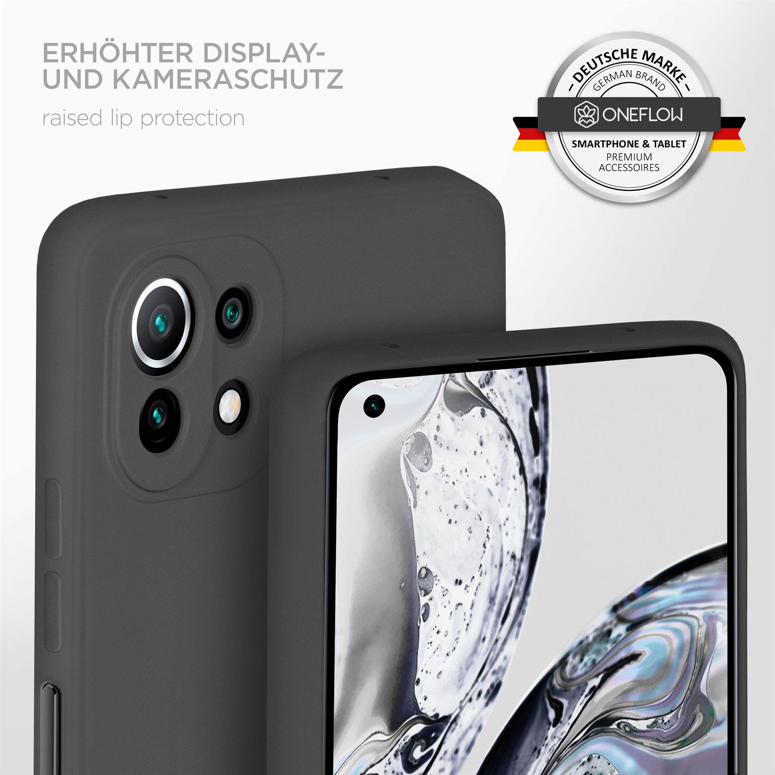 Eine dunkelgraue Handyhülle auf einem Telefon, wobei die Rückseite die Kamera zeigt.