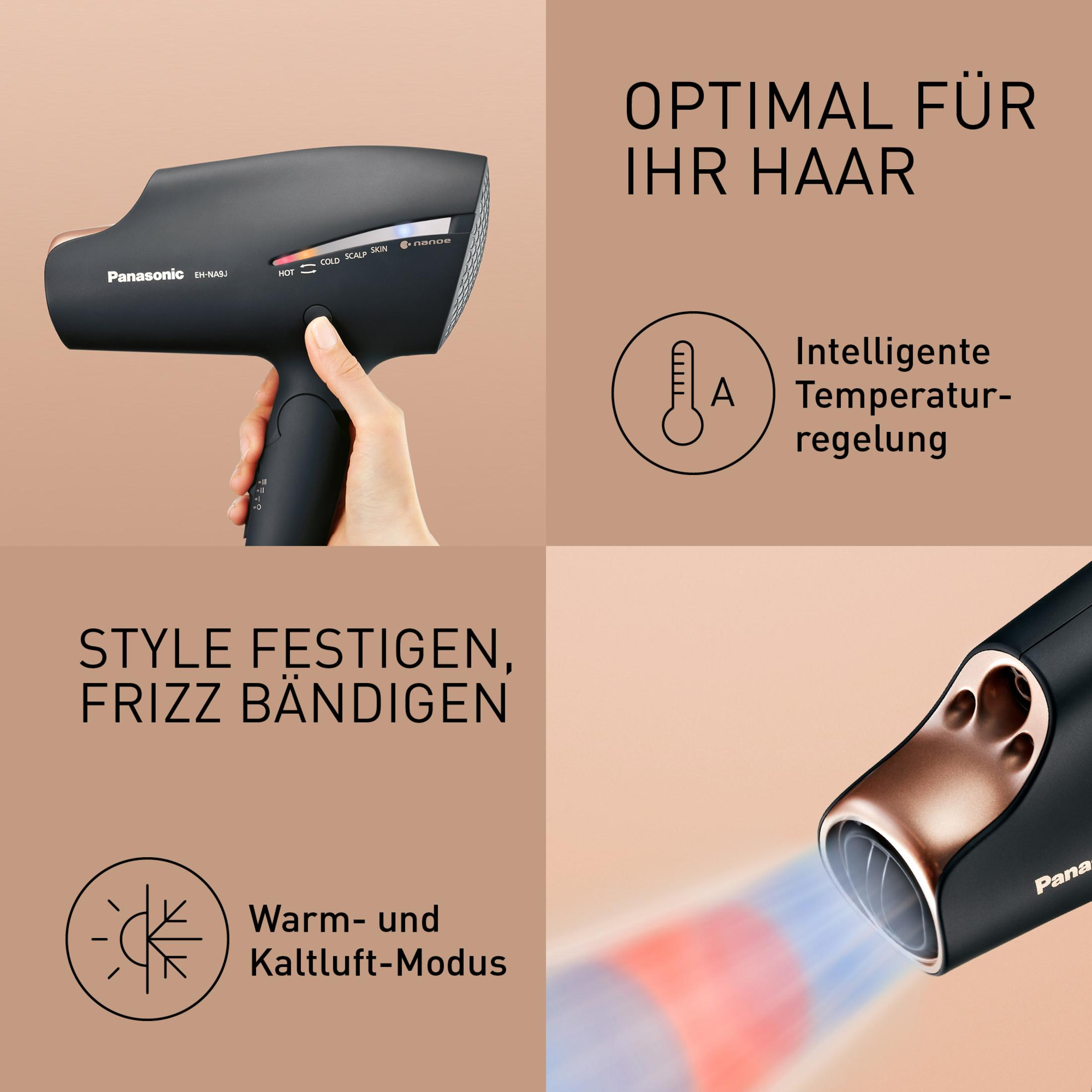 Czarna i miedziana suszarka do włosów pokazująca ustawienia ciepła, tryby ciepłego i zimnego powietrza oraz regulację temperatury.
