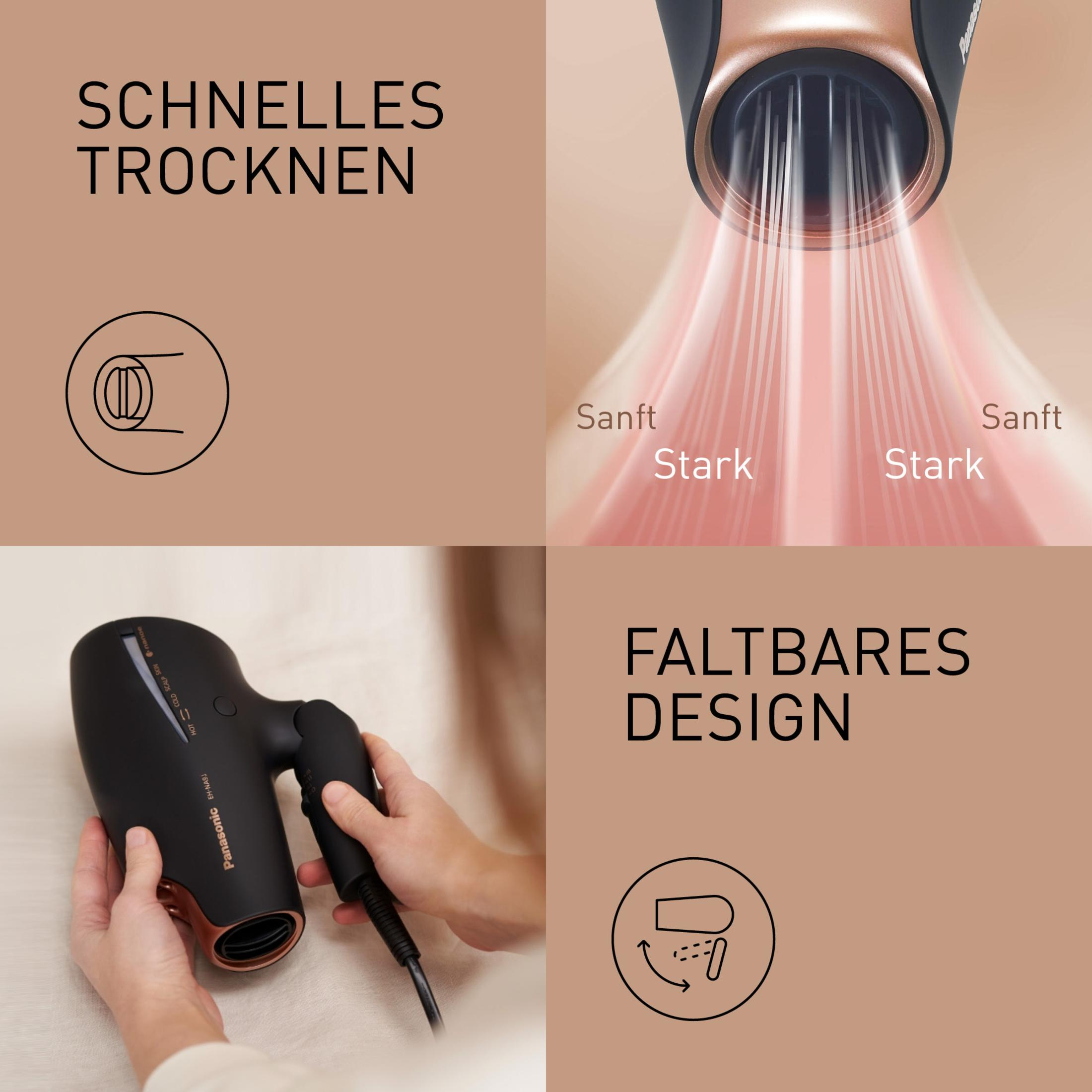 Suszarka do włosów z czarnym uchwytem i złotą dyszą. Wizualizacja przepływu powietrza z tekstem: Szybkie suszenie, składana konstrukcja.