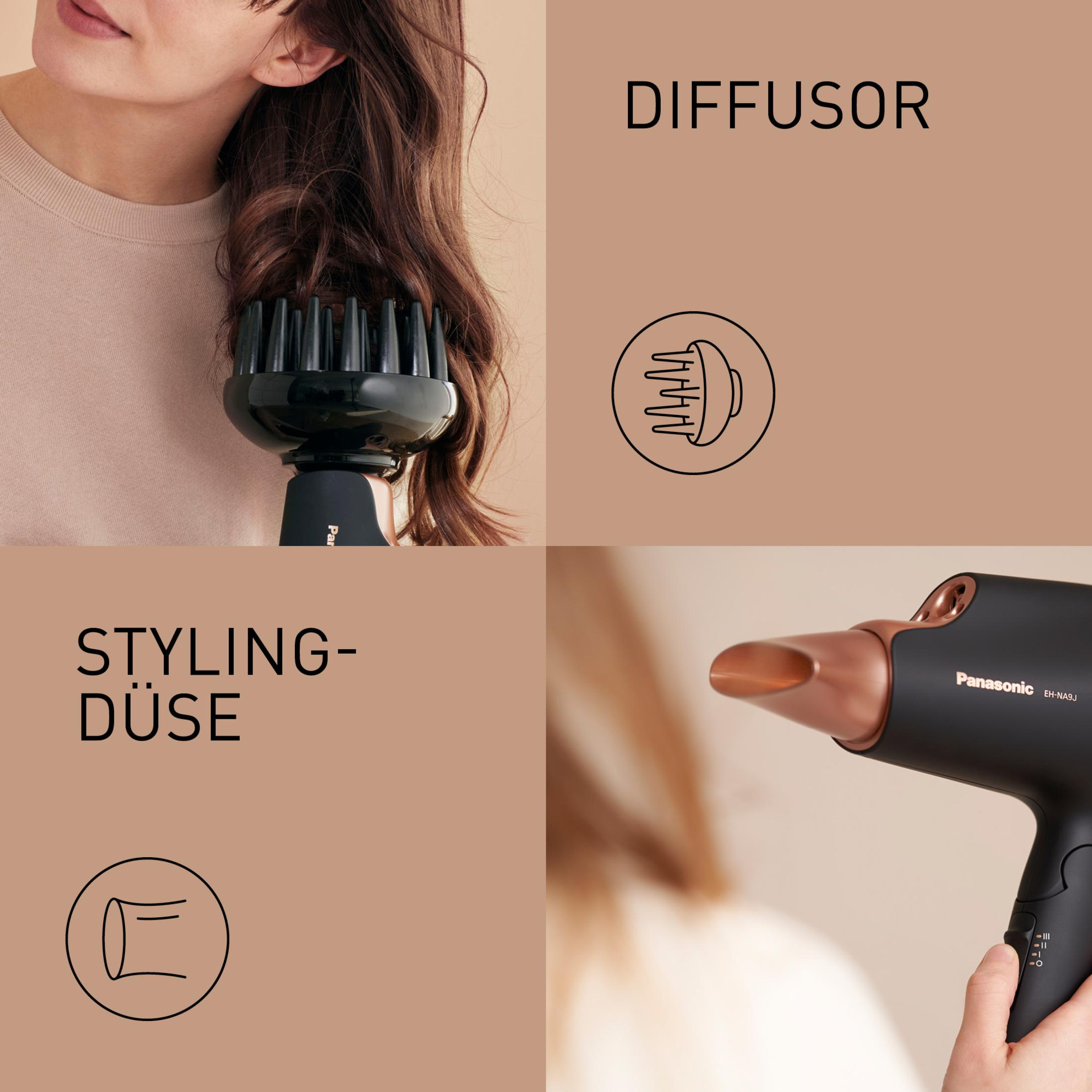 Kobieta używająca suszarki do włosów. Istnieją zdjęcia produktu, takie jak dyfuzor.