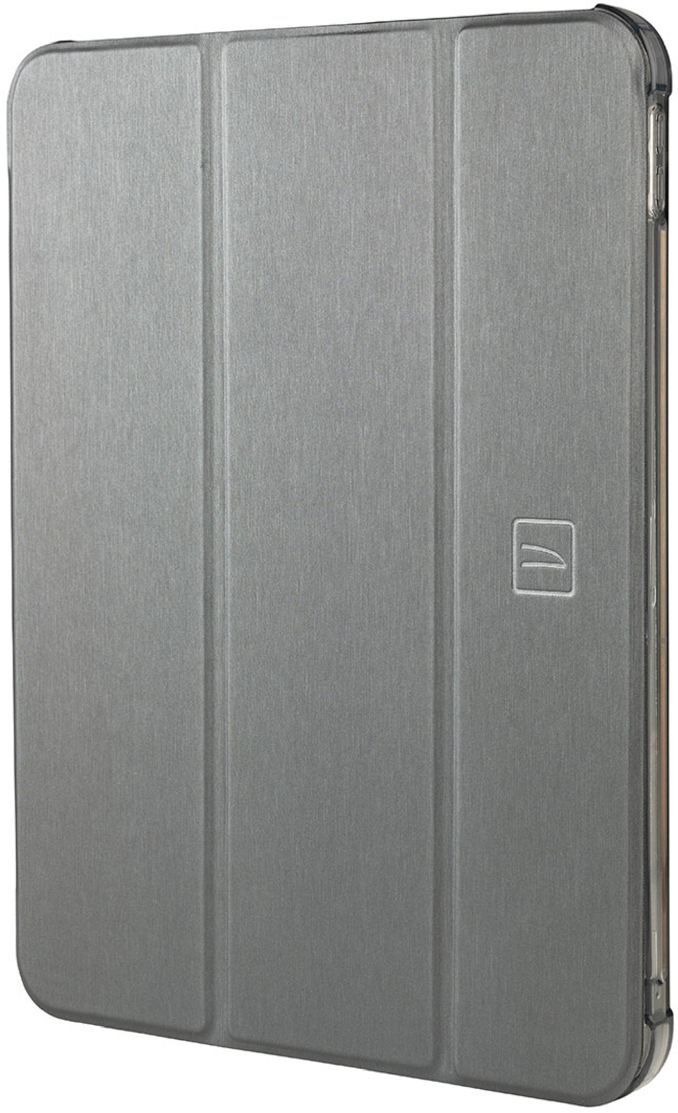 Graue iPad-Hülle mit Klappdeckel. Mit dezenter Stoffstruktur.