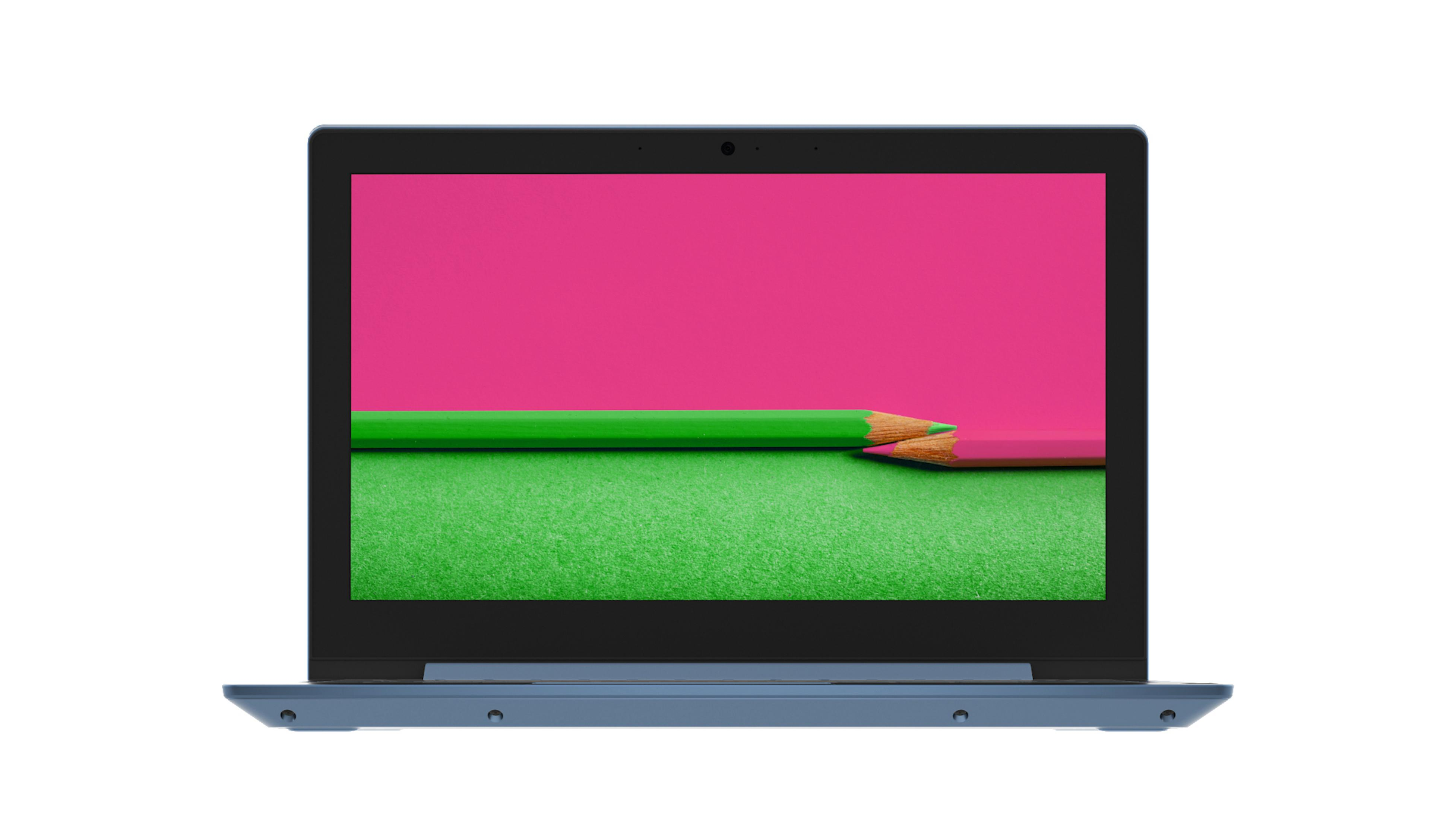 Blauer Laptop mit farbenfrohem Bildschirm. Der Bildschirm zeigt pinke und grüne Bleistifte auf grünem Hintergrund.