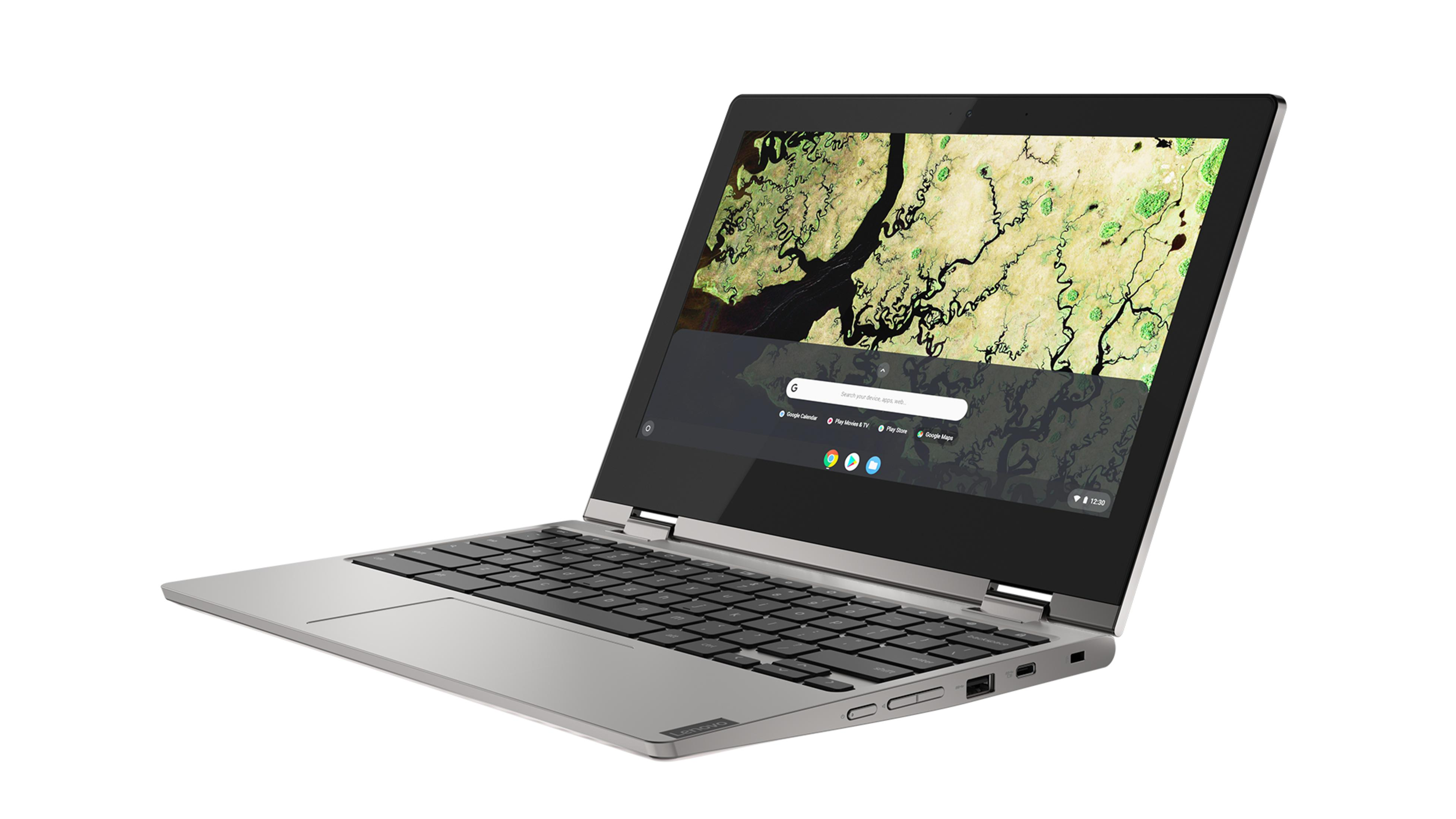 Ein silberner Laptop mit dunklem Bildschirm und Tastatur. Er steht vor weißem Hintergrund.