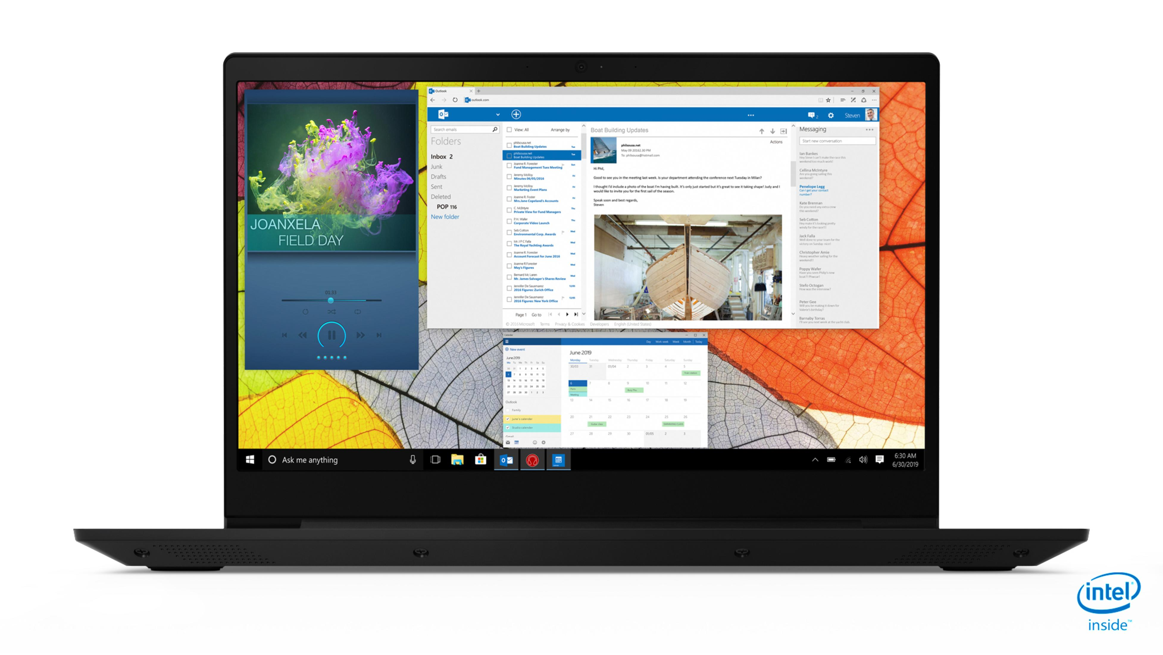 Ein schwarzer Lenovo-Laptop zeigt mehrere Fenster auf weißem Hintergrund.