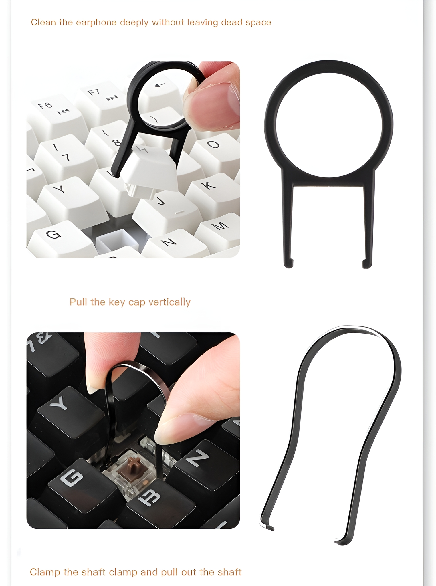 Anweisungen zum Reinigen einer Tastaturtaste und zum Herausziehen.