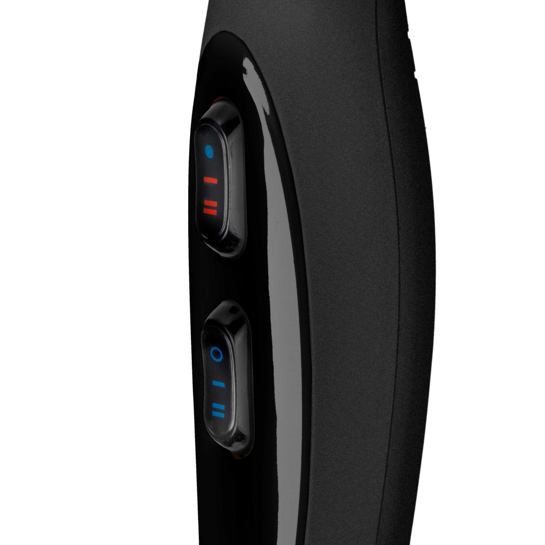 Primer plano de dispositivo negro con dos botones. Cada botón tiene un indicador azul y rojo.